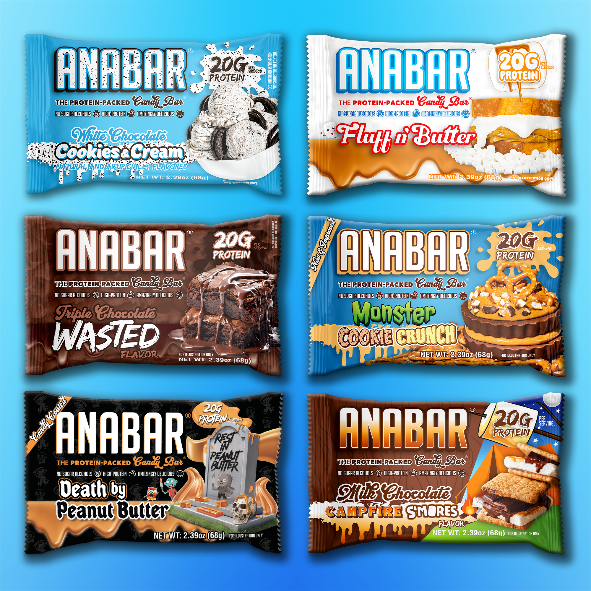 Six vibrant The Anabar wrappers are shown on a blue background, highlighting the Variety Pack - Limited Offer with flavors like White Chocolate Cookies & Cream, Fluff n’ Butter, and other exclusive protein bars.