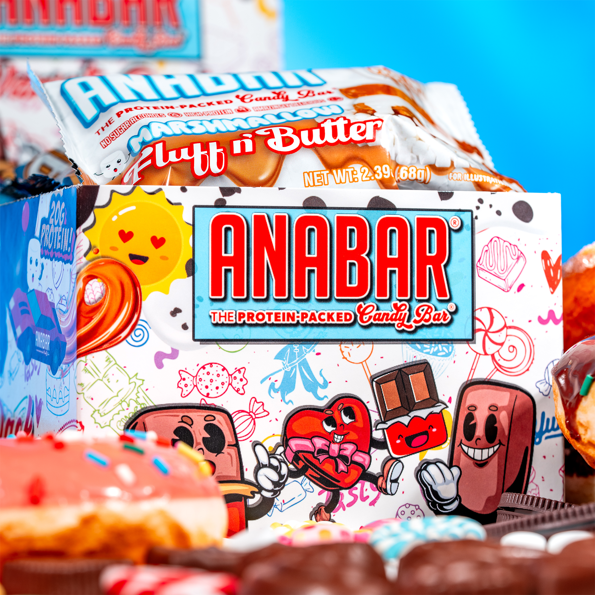Enjoy a limited-time Anabar Variety Pack - 12 Bars from The Anabar, featuring mouthwatering protein-packed flavors and vibrant, candy-inspired packaging with playful heart and candy bar characters on a bright blue background.