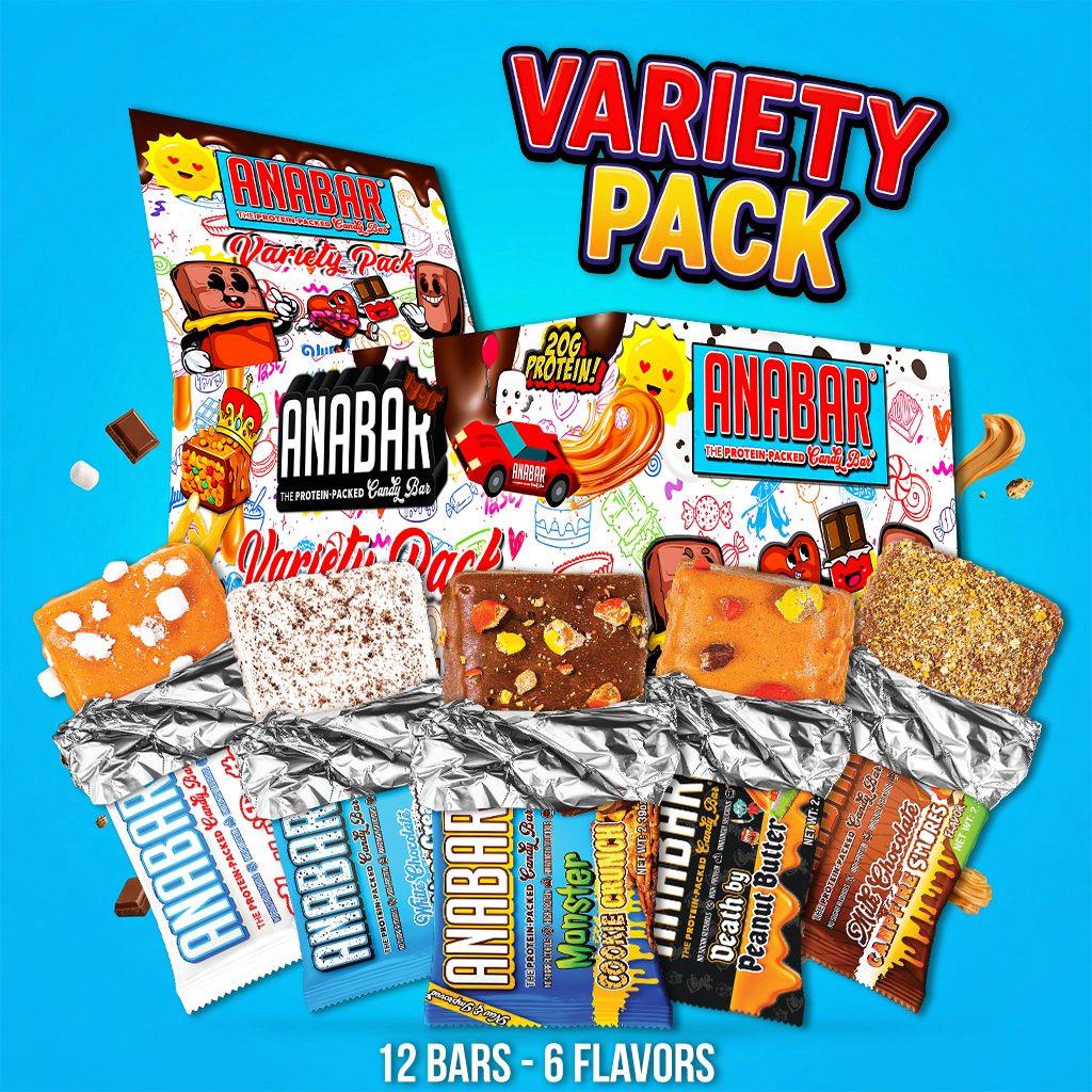 A vibrant display of The Anabar’s Variety Pack - Limited Offer, featuring 12 protein bars in 6 flavors, with partially unwrapped bars in front of the packaging. Text: "VARIETY PACK - LIMITED OFFER, 12 BARS – 6 FLAVORS.