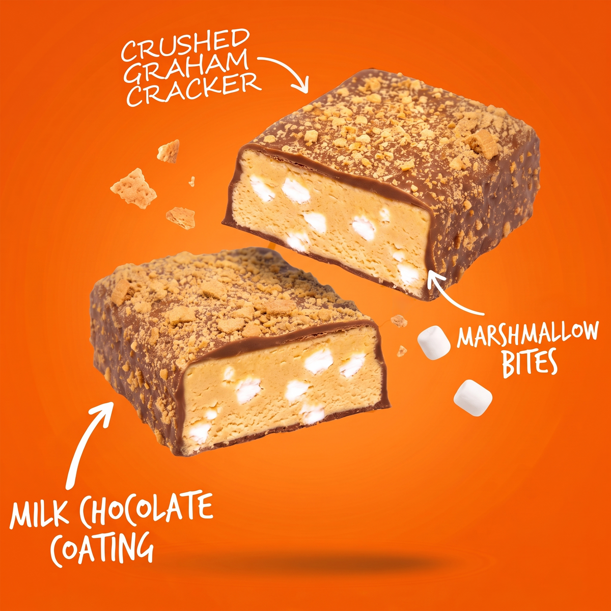 Two halves of a Campfire S’mores protein bar by The Anabar, featuring a milk chocolate coating and crushed graham cracker topping with marshmallow pieces inside, shown with arrows pointing to the coating, crumbs, and marshmallow bits.