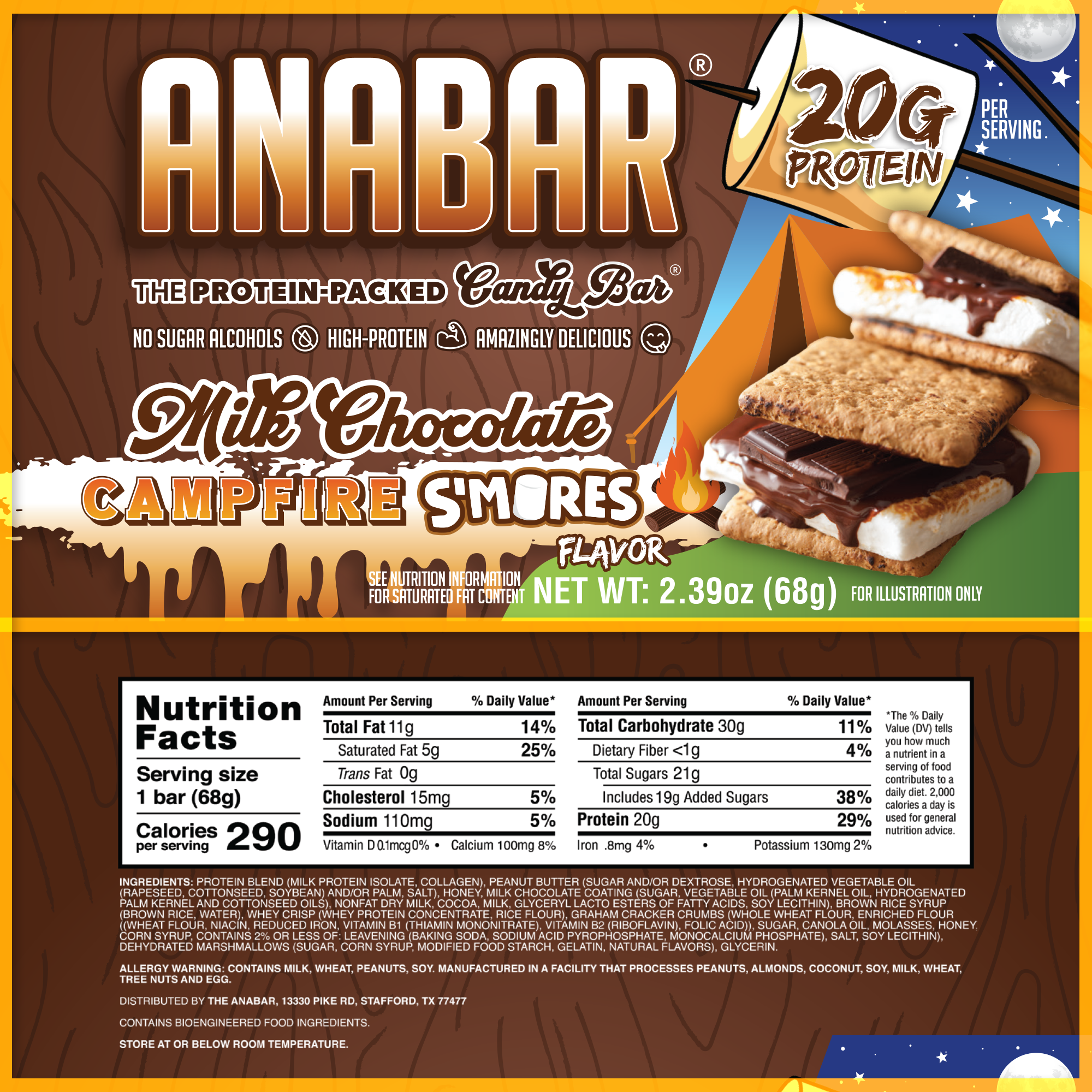 Front and back packaging of The Anabar Campfire S’mores protein bar, showing its milk chocolate coating, textured filling, nutrition facts, and key features: 20g protein, no sugar alcohols, and 290 calories per bar.