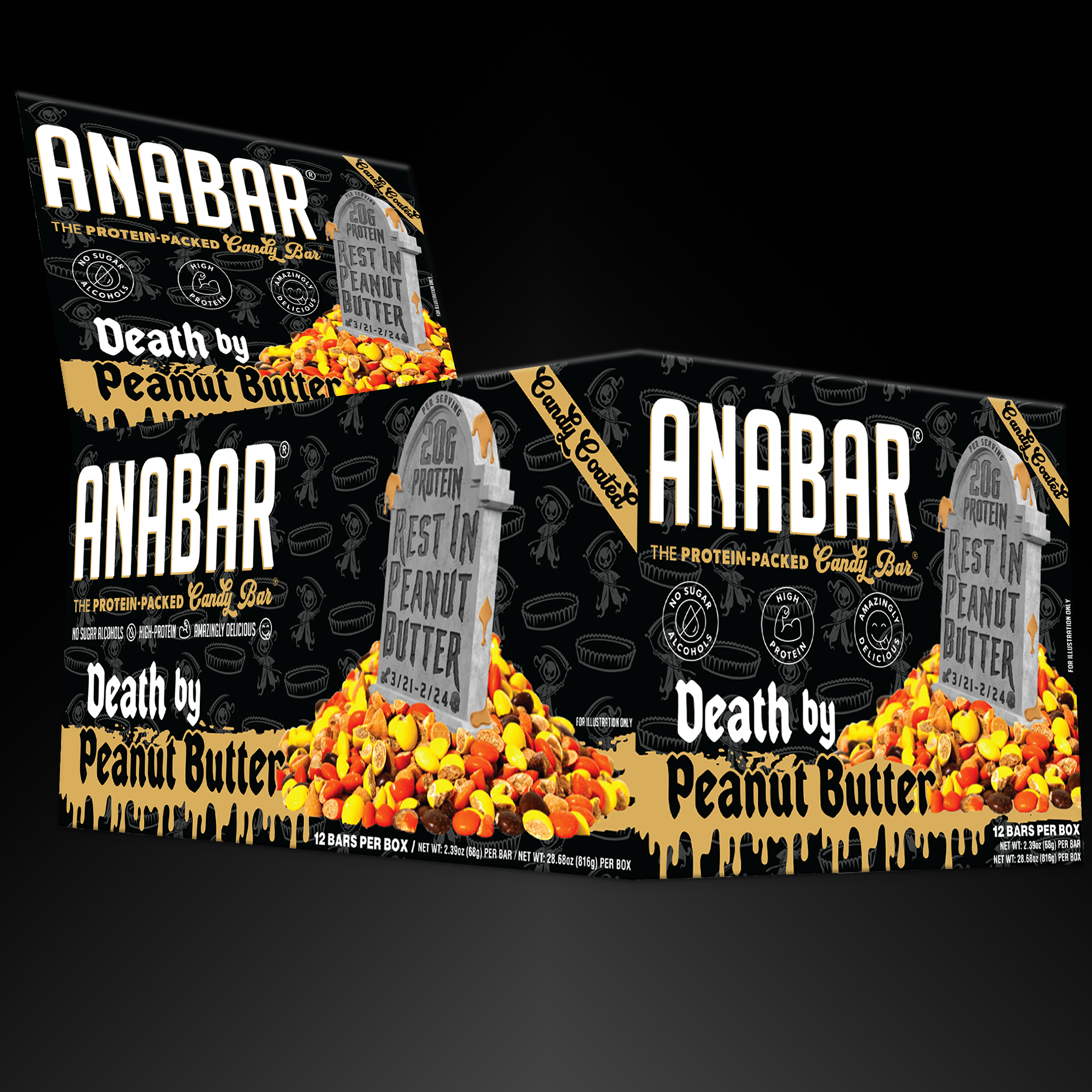 Three boxes of The Anabar Death By Peanut Butter protein bars, featuring a tombstone and peanut butter candy pieces on a black background with gold and white text.