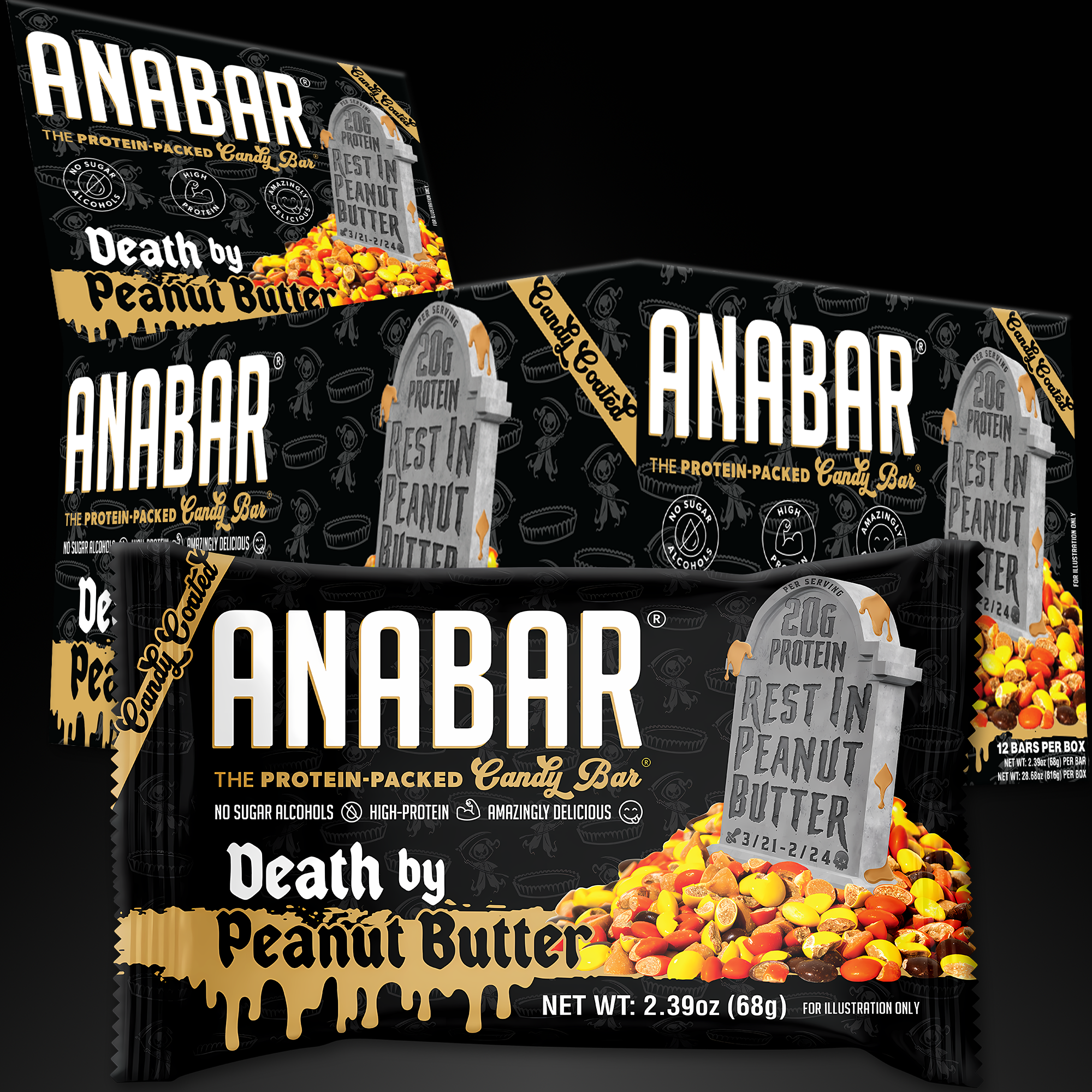 Three black The Anabar "Death By Peanut Butter" protein candy bar packages are shown, featuring a tombstone design with scattered peanuts and candy pieces, and highlighting high protein, no sugar alcohols, and bold flavor.