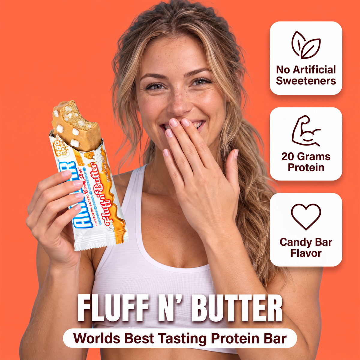 A woman holds a Fluff n’ Butter protein bar with a bite taken out of it, next to icons for no artificial sweeteners, 20g protein, and candy bar flavor.