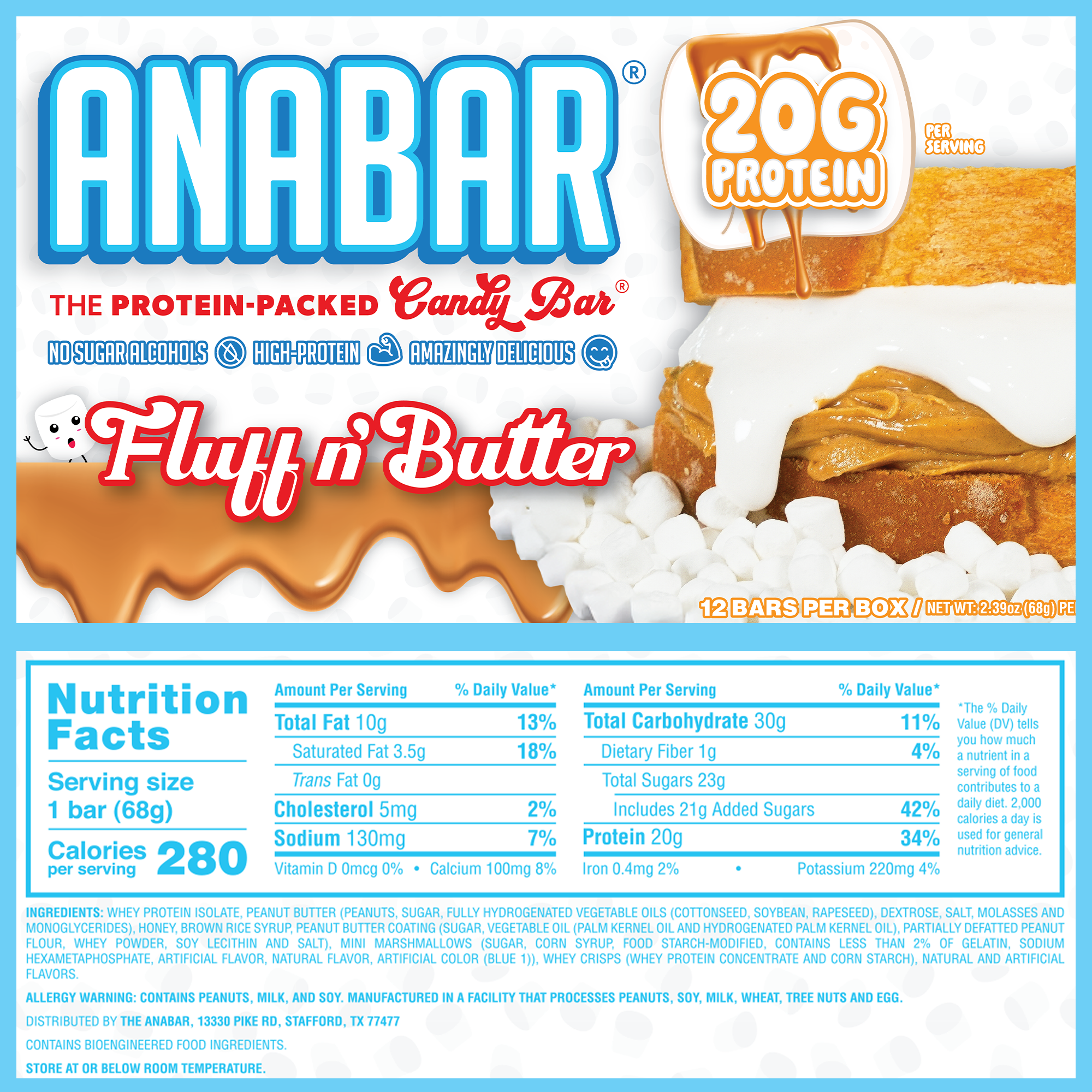 The Anabar Fluff n' Butter protein bar box features delicious peanut butter marshmallows, 20g protein per bar, no sugar alcohols, high-protein, and 280 calories per bar. Nutrition facts and ingredients shown on packaging.