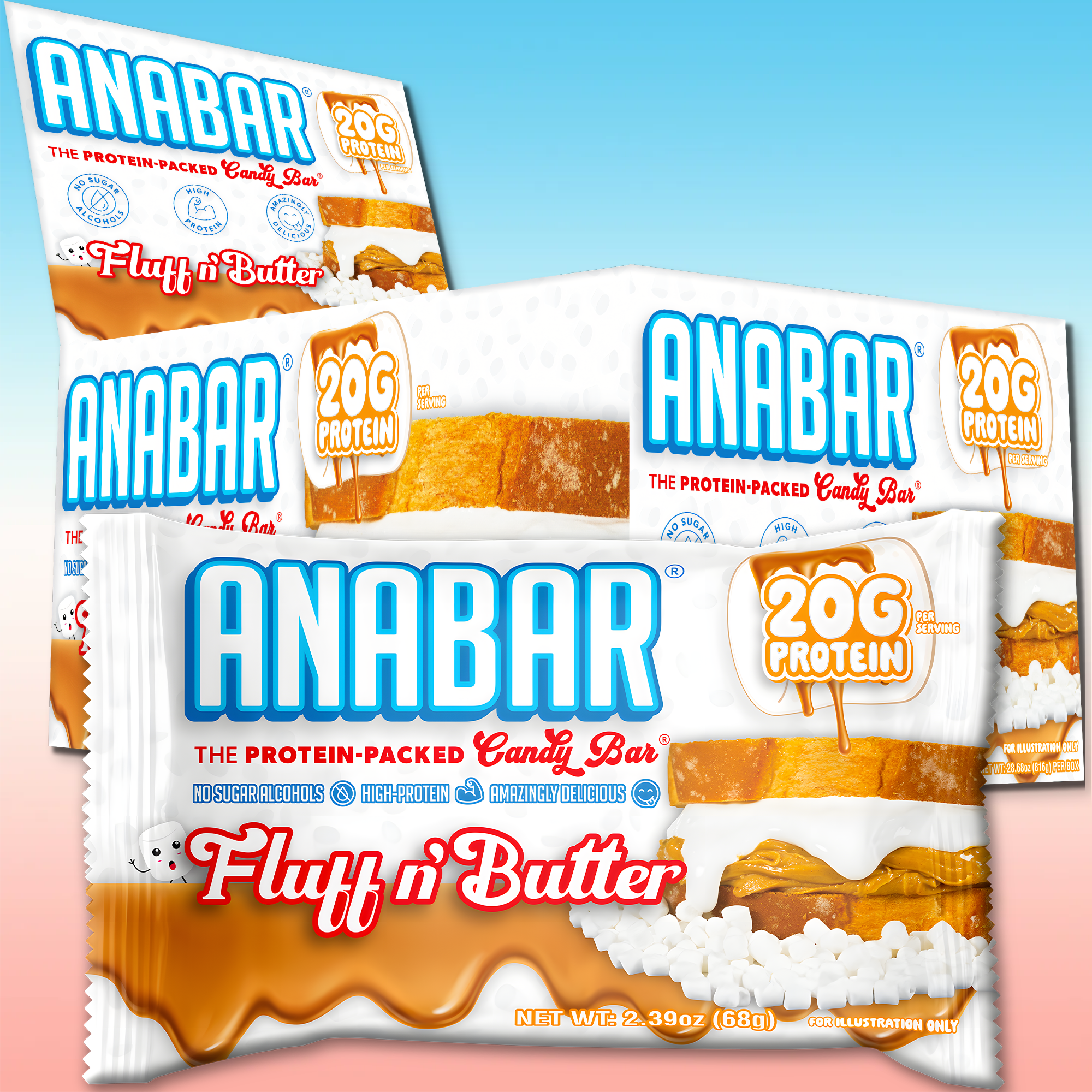 Three The Anabar "Fluff n' Butter" protein bars are shown in vibrant packaging, each featuring 20g protein and no sugar alcohols. The creamy bars appear layered with peanut butter and marshmallow for a tasty treat.