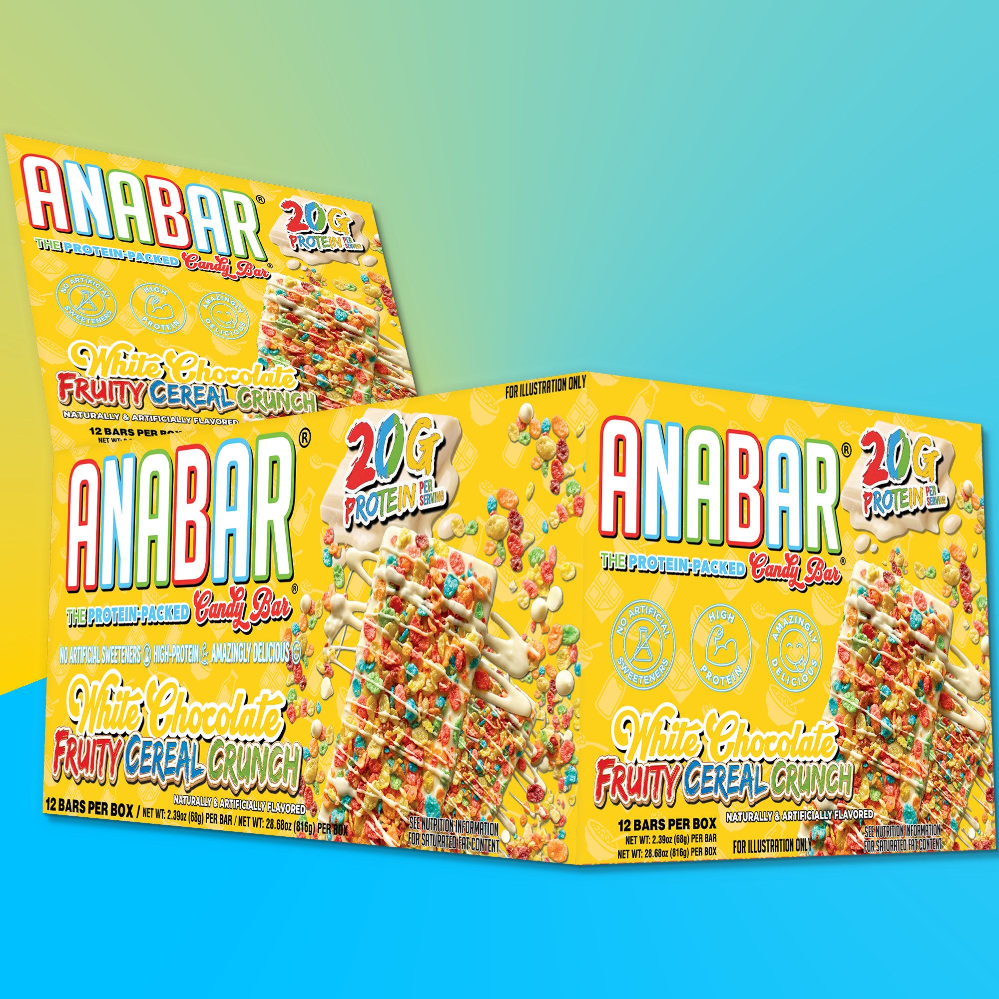 Two vibrant yellow boxes of The Anabar Fruity Cereal Crunch protein bars are displayed, featuring colorful cereal pieces and a rich white chocolate coating on the packaging. Each box contains 12 Fruity Cereal Crunch bars, delivering 20g of protein per bar and providing a low-carb snack option to satisfy your cravings.