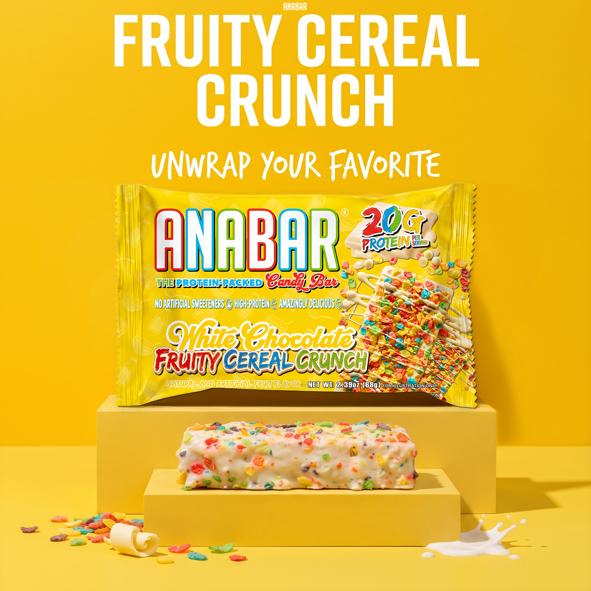 A The Anabar Fruity Cereal Crunch protein bar topped with colorful cereal pieces sits on a yellow pedestal, with its yellow product packaging displayed behind it.