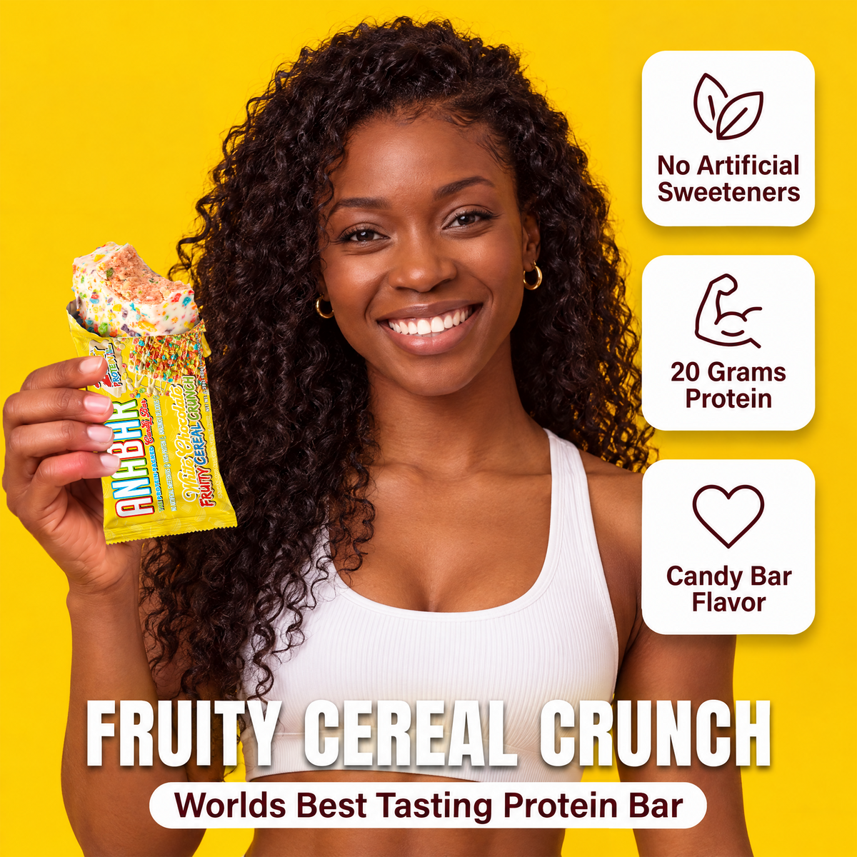 A smiling woman holds a The Anabar Fruity Cereal Crunch protein bar against a yellow background, with text icons noting no artificial sweeteners and 20g protein.