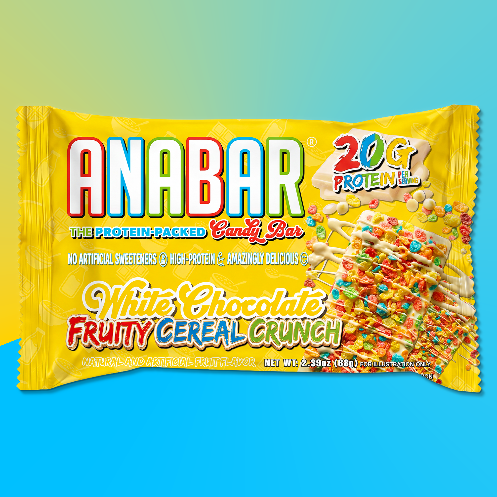 The Anabar Fruity Cereal Crunch protein bar features a colorful cereal topping and is coated in white chocolate. Its yellow 2.39oz wrapper highlights 20g of protein, and this low-carb snack contains no artificial sweeteners.