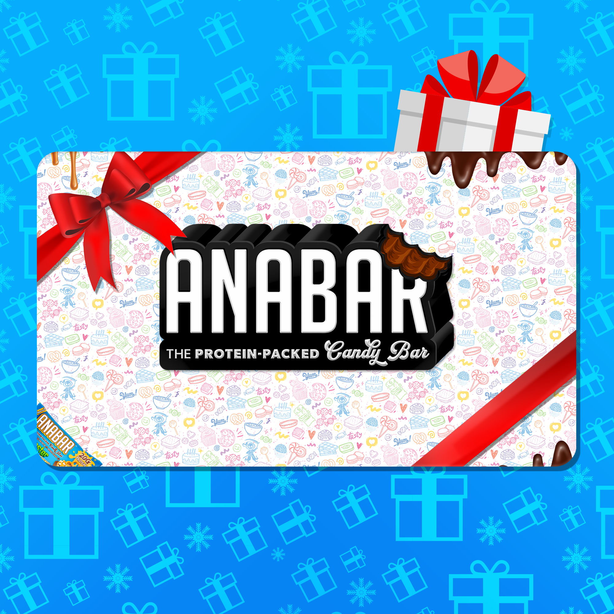 The Anabar Gift Card features a red ribbon, bow, and bitten candy bar logo, set on a background of mini icons and blue gift box patterns.