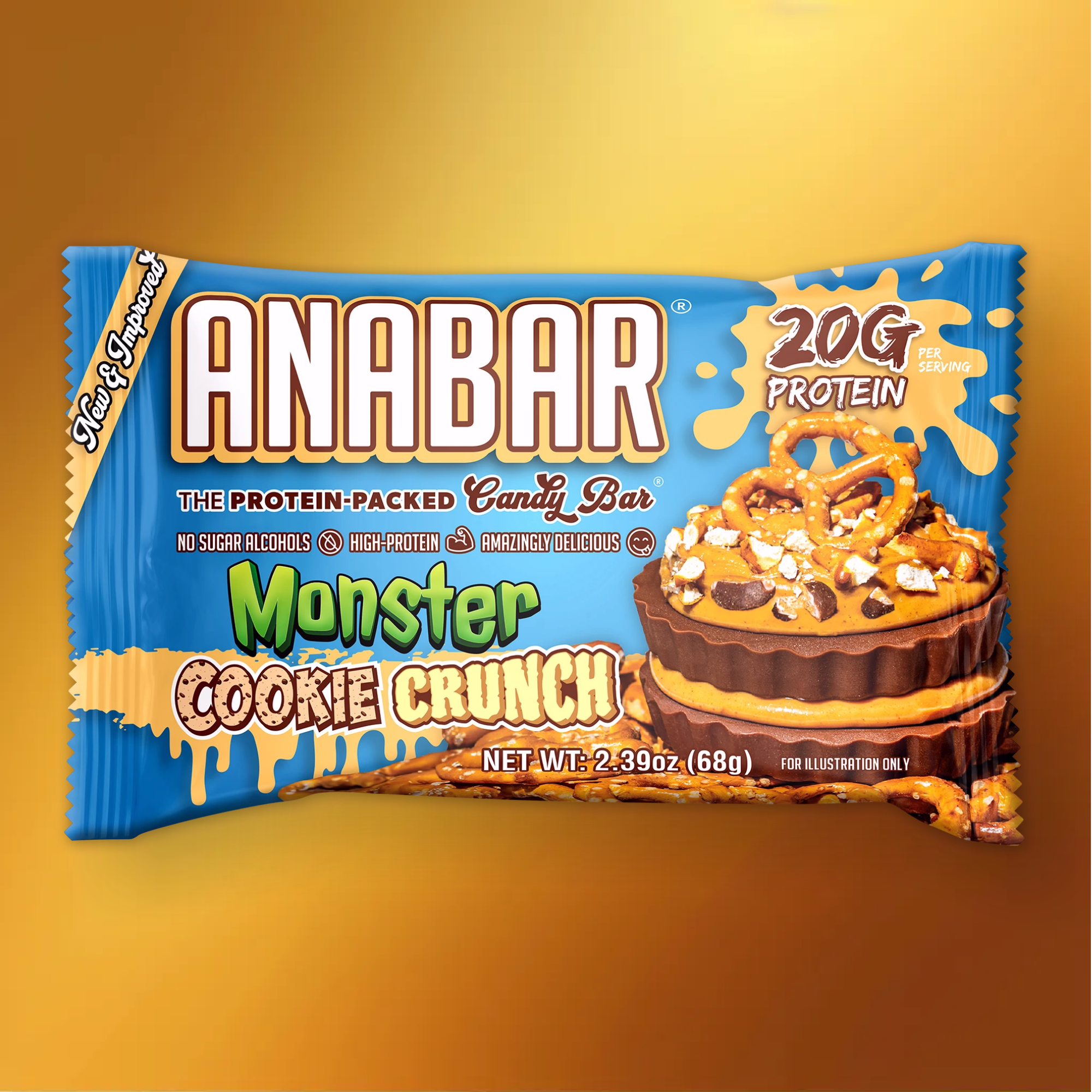 A candy bar wrapper with the brand name "ANABAR" displays text highlights including "20g Protein" and "Monster Cookie Crunch." The packaging is colorful with an image of a layered cookie bar topped with chocolate, caramel, and nuts.