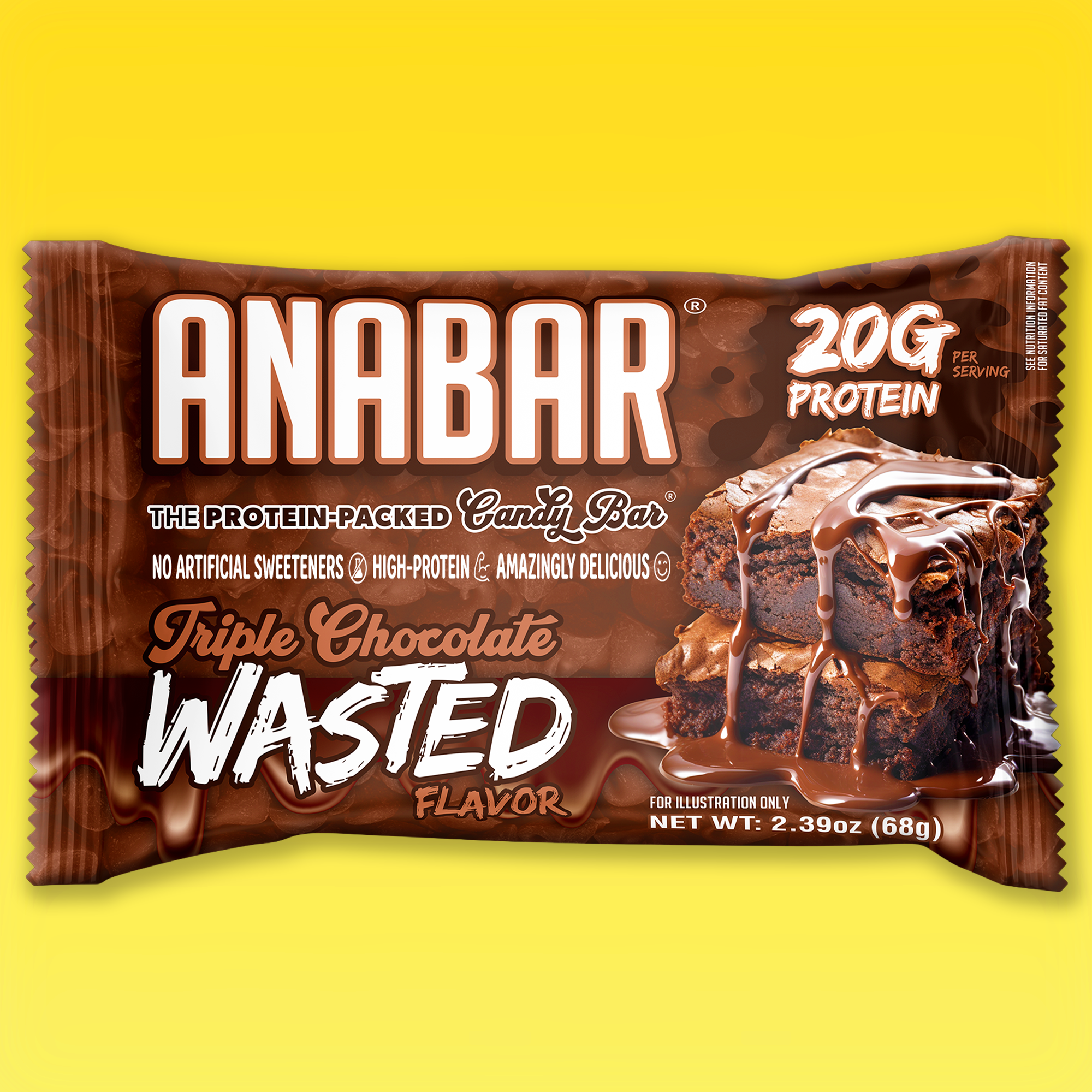 The Anabar’s “Triple Chocolate Wasted” protein bar is a decadent chocolate treat delivering 20g of protein per serving. Its wrapper features indulgent chocolate brownies drizzled with chocolate and emphasizes its high-protein content with no artificial sweeteners.