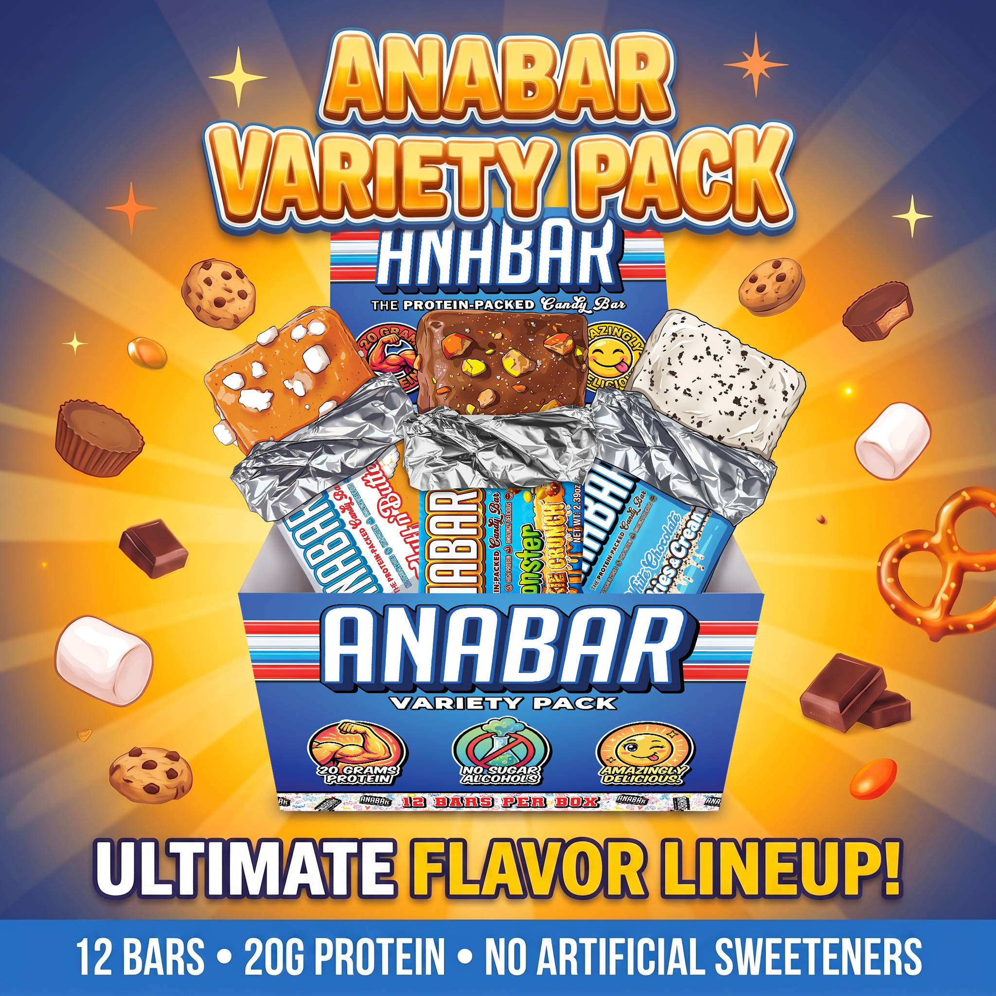 Surrounded by candies and cookies, The Anabar Variety Pack – 12 Bars showcases an irresistible assortment of protein bars in mouthwatering flavors. With 20g protein per bar, no artificial sweeteners, and the "Ultimate Flavor Lineup" highlighted on the box, experience crave-worthy taste and serious nutrition in every bite of this delicious Anabar protein bar 12-pack.