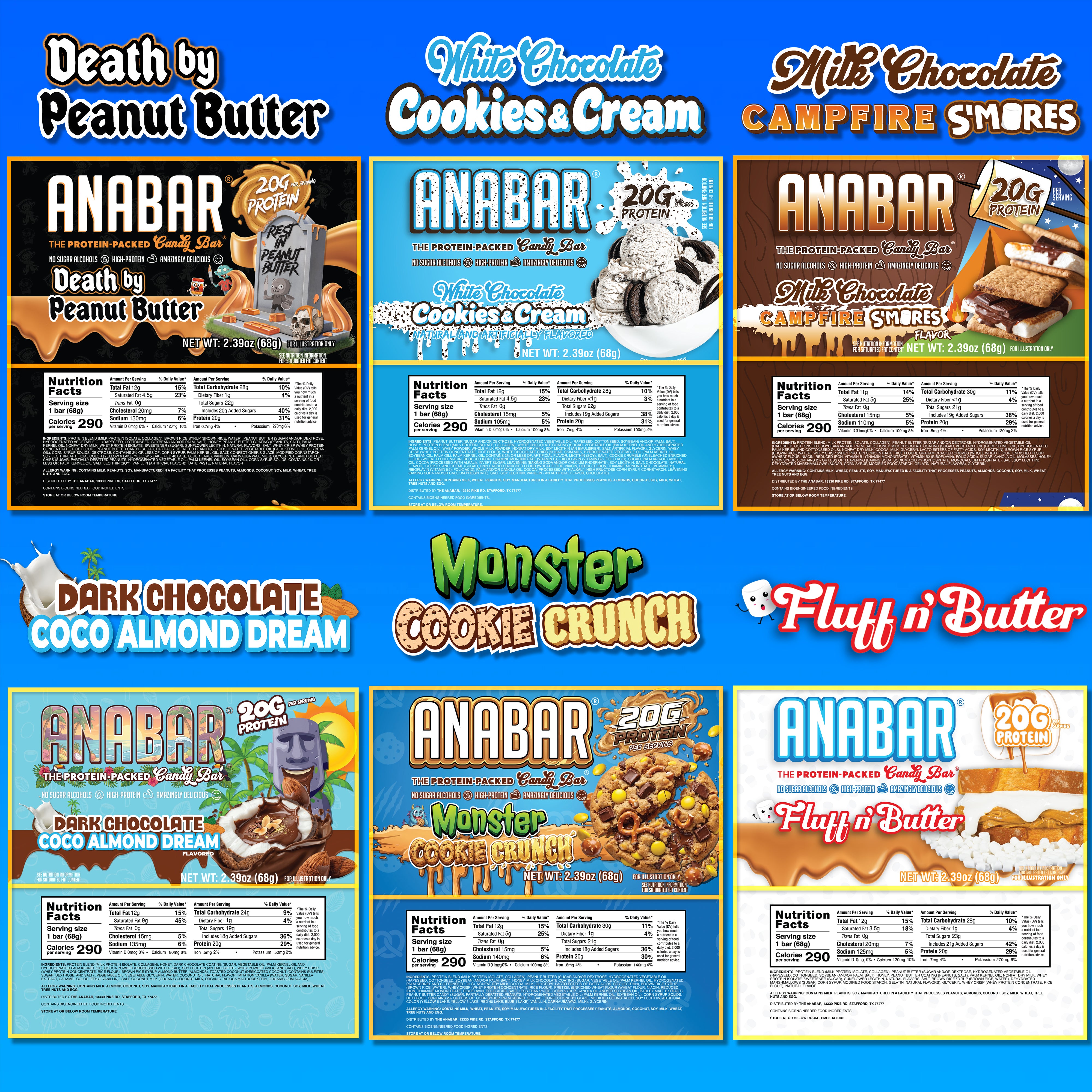 A grid of six colorful The Anabar flavors, with bar and ingredient images—including limited-time options—lets you sample your favorites in the Anabar Variety Pack - 12 Bars.