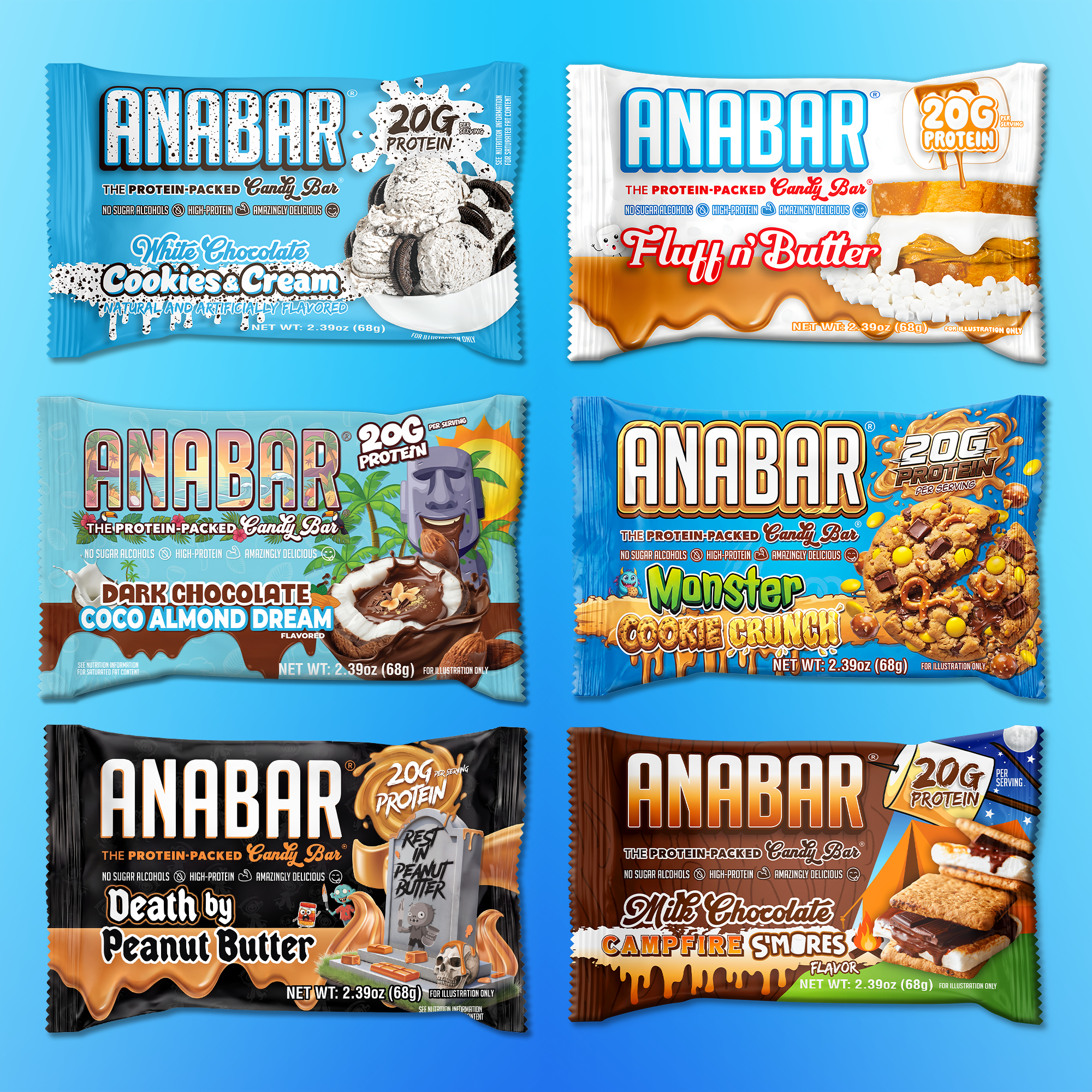 Six colorful Anabar protein bar wrappers highlight flavors from The Anabar Variety Pack - 12 Bars: White Chocolate Cookies & Cream, Fluff 'n' Butter, Dark Chocolate Coco Almond Dream, Monster Cookie Crunch, Death by Peanut Butter, and Campfire S’mores.