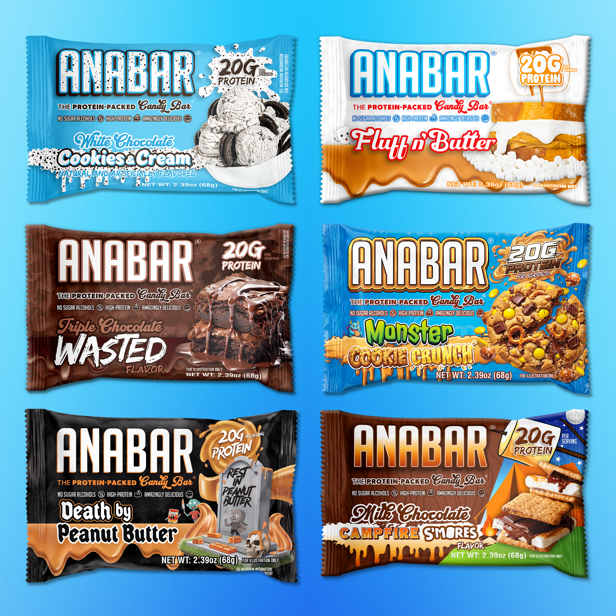 Six The Anabar protein bar packages are arranged in two rows on a blue gradient background, highlighting the Anabar Variety Pack - 12 Bars and featuring flavors like White Chocolate Cookies & Cream and Milk Chocolate Campfire S’mores.
