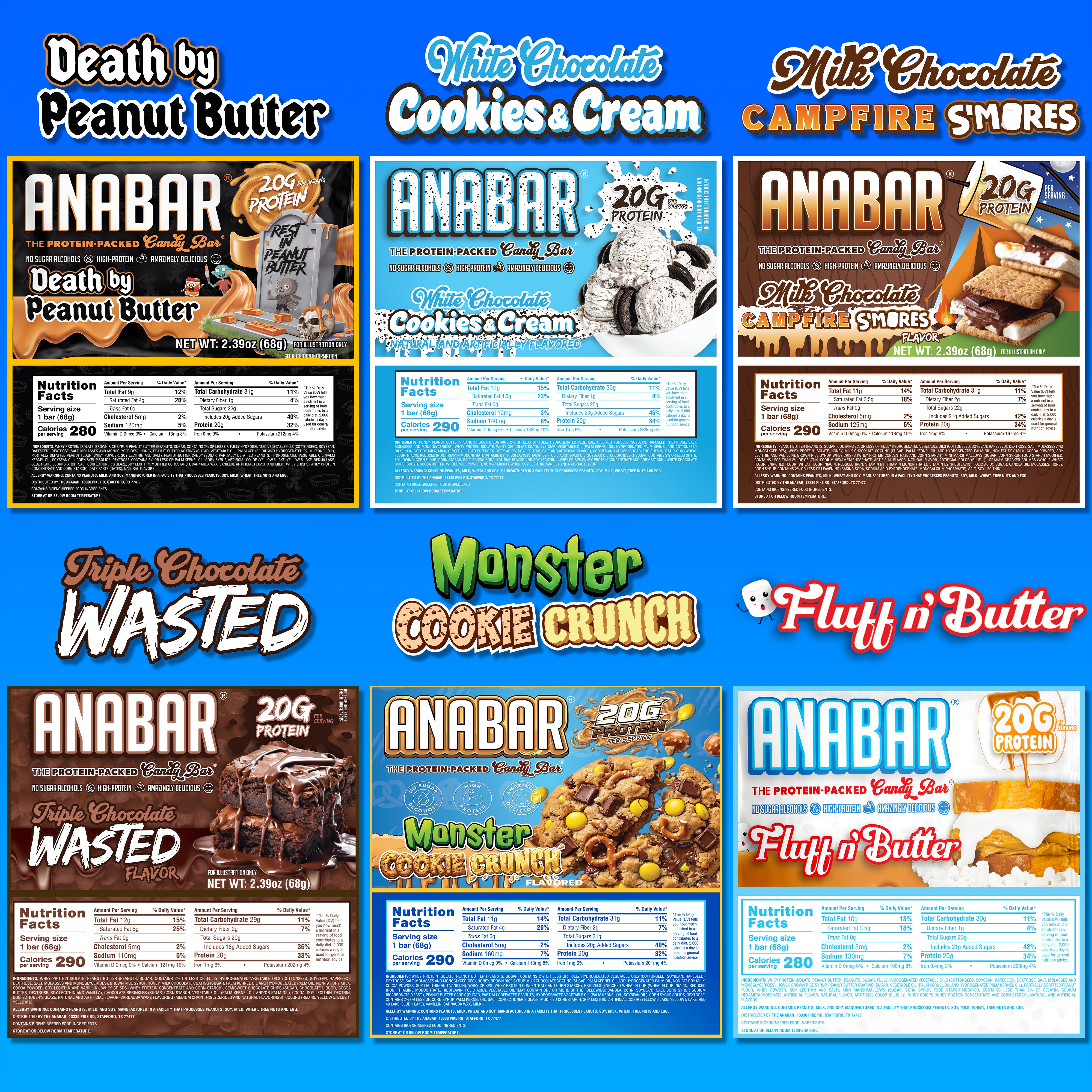 A grid displays images and nutrition info for The Anabar’s Variety Pack - 12 Bars, featuring six flavors: Death by Peanut Butter, White Chocolate Cookies & Cream, Milk Chocolate Campfire S'mores, Triple Chocolate Wasted, Monster Cookie Crunch, and Fluff n’ Butter.