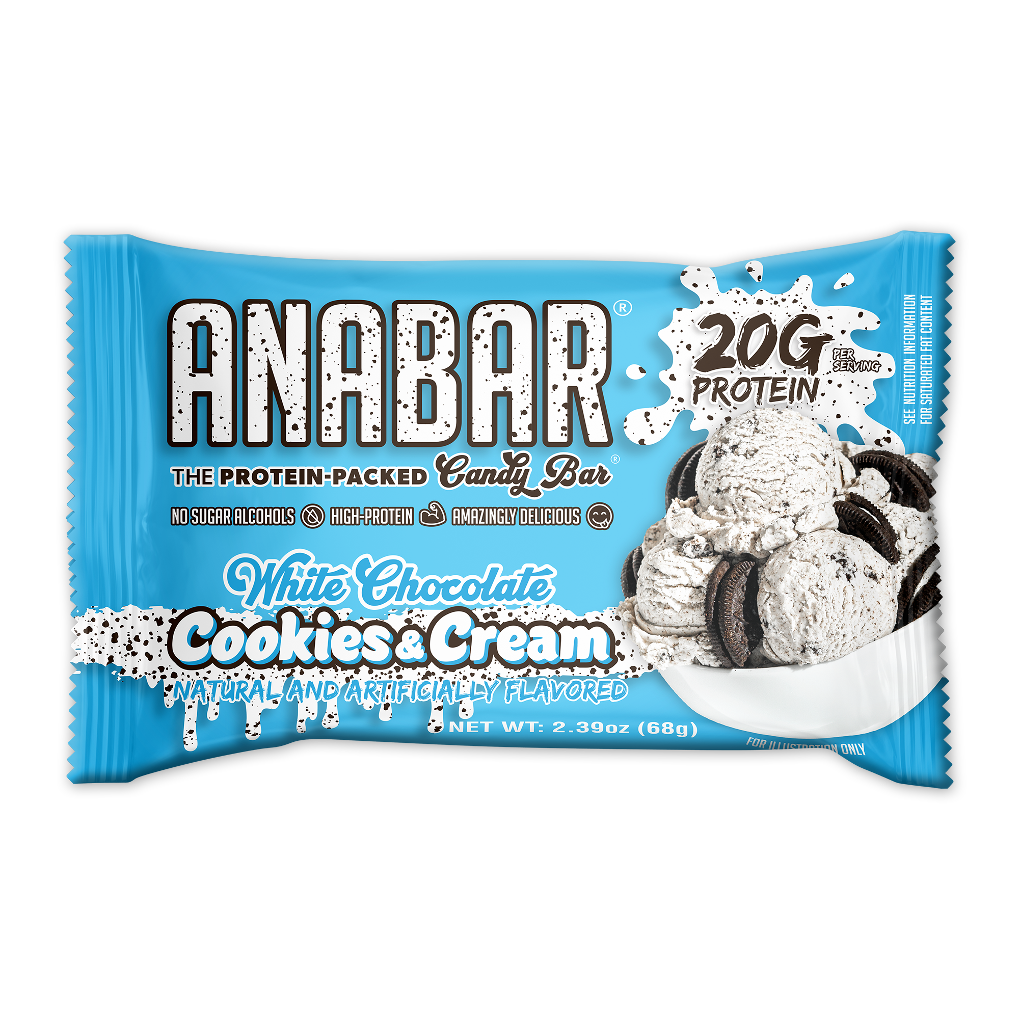 Blue packaging of an "ANABAR" protein-packed candy bar featuring "White Chocolate Cookies & Cream" flavor. Contains 20g of protein, highlighted with images of cookies and cream.