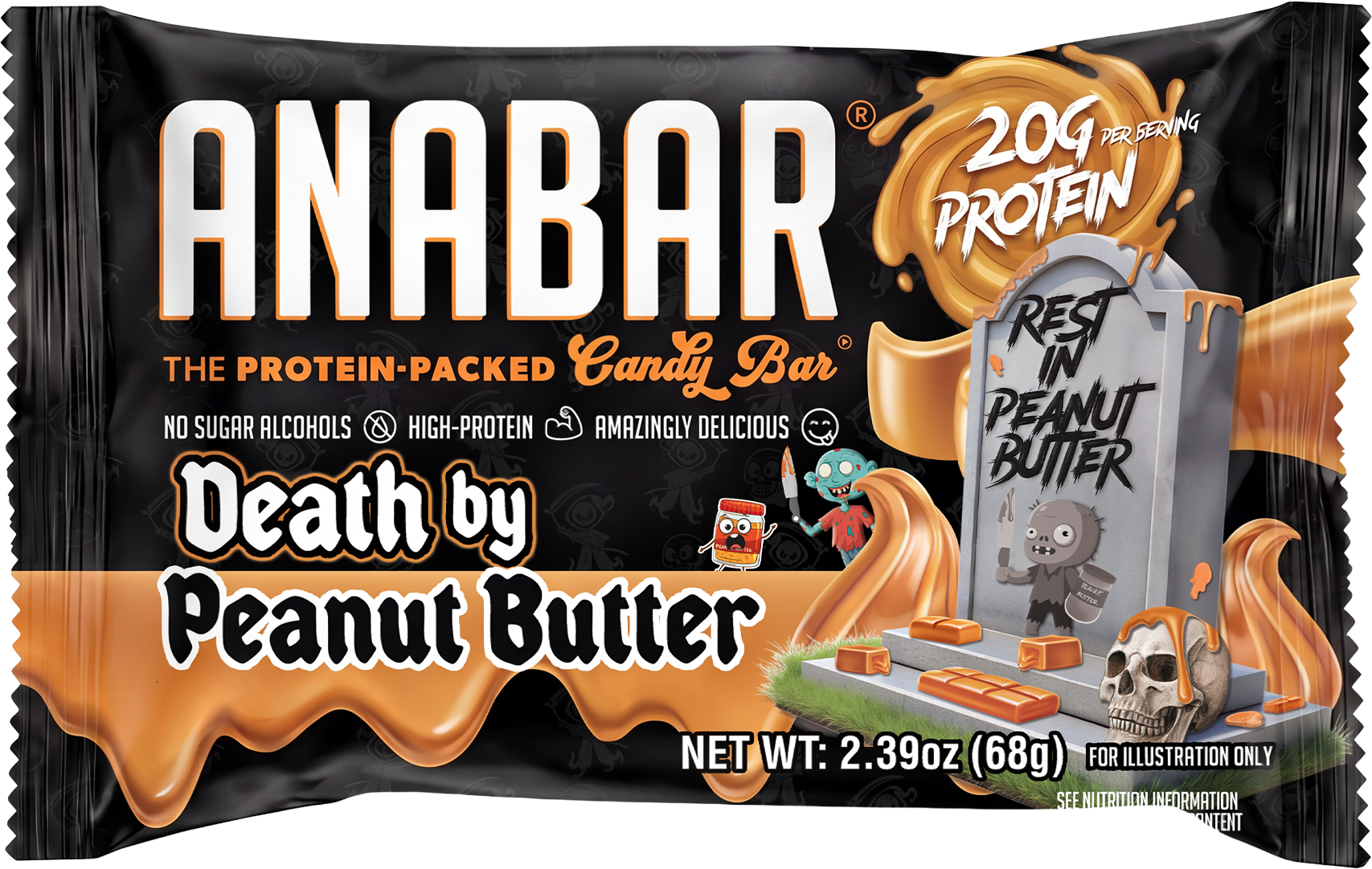 A display box of Anabar protein bars labeled "Death by Peanut Butter," featuring images of peanut butter and candy pieces on a gradient orange and purple background.