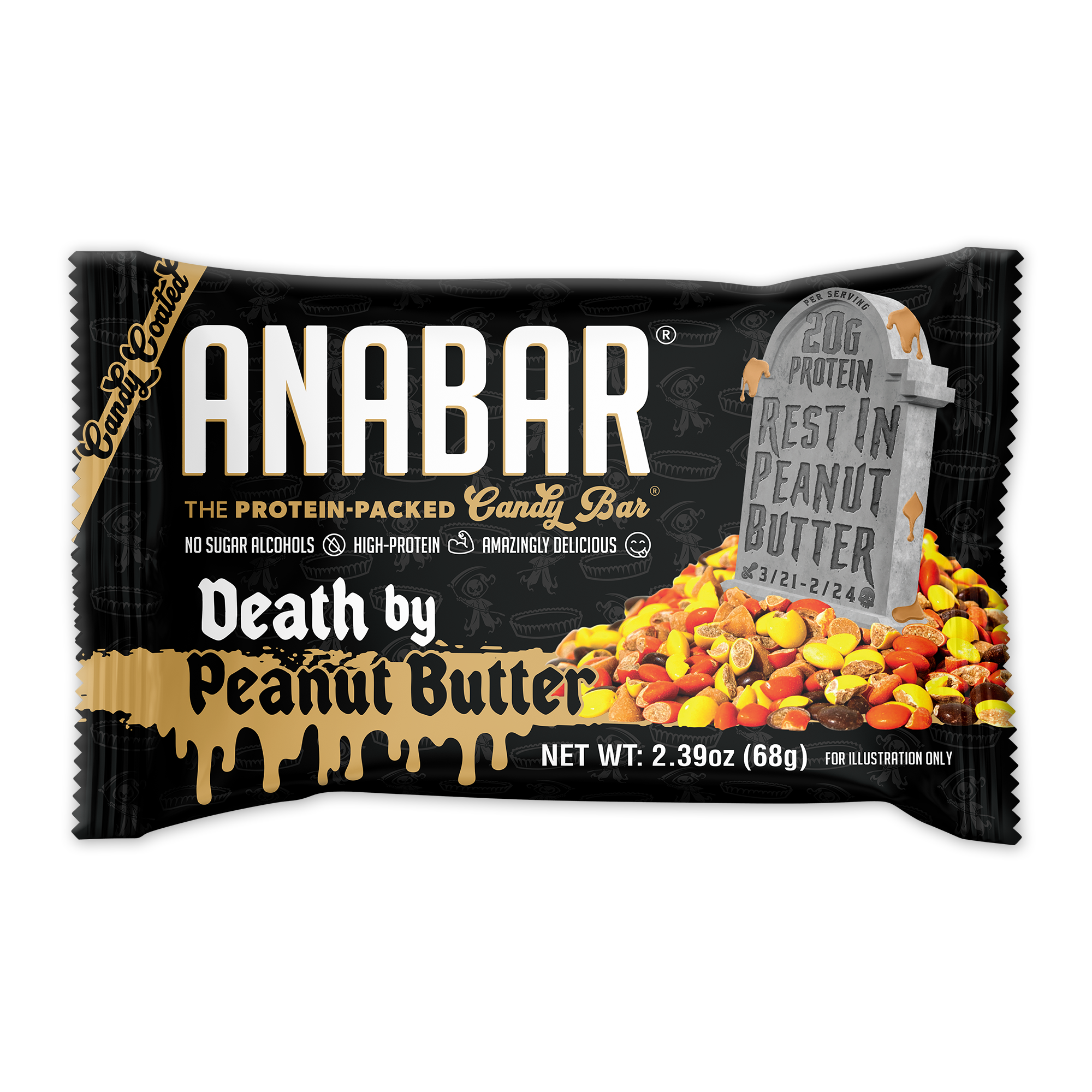 A display box of Anabar protein bars labeled "Death by Peanut Butter," featuring images of peanut butter and candy pieces on a gradient orange and purple background.