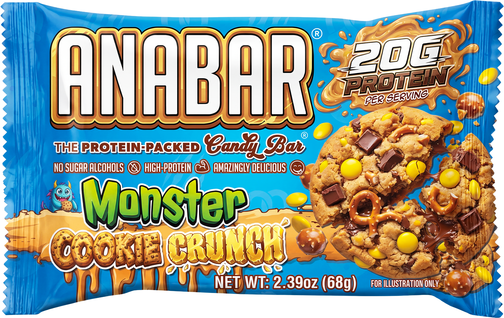 Anabar protein bar packaging featuring "Triple Chocolate Wasted" flavor. It highlights 20g of protein, no sugar alcohols, and a high-protein, delicious candy bar experience. The net weight is 2.39 oz (68g).