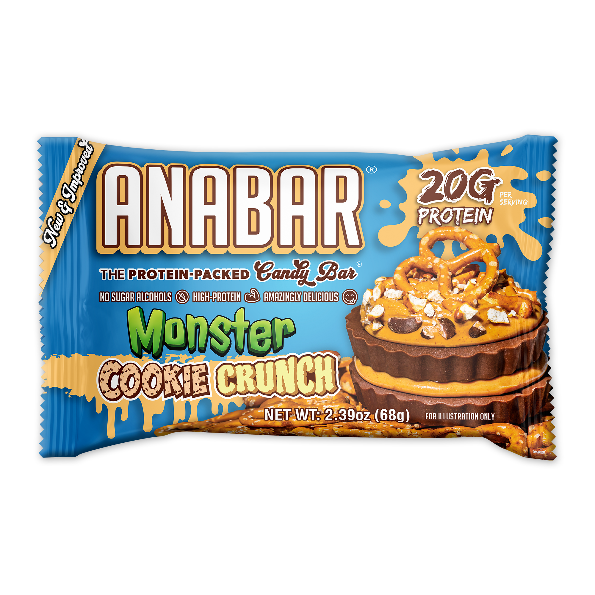 Anabar protein bar packaging featuring "Triple Chocolate Wasted" flavor. It highlights 20g of protein, no sugar alcohols, and a high-protein, delicious candy bar experience. The net weight is 2.39 oz (68g).