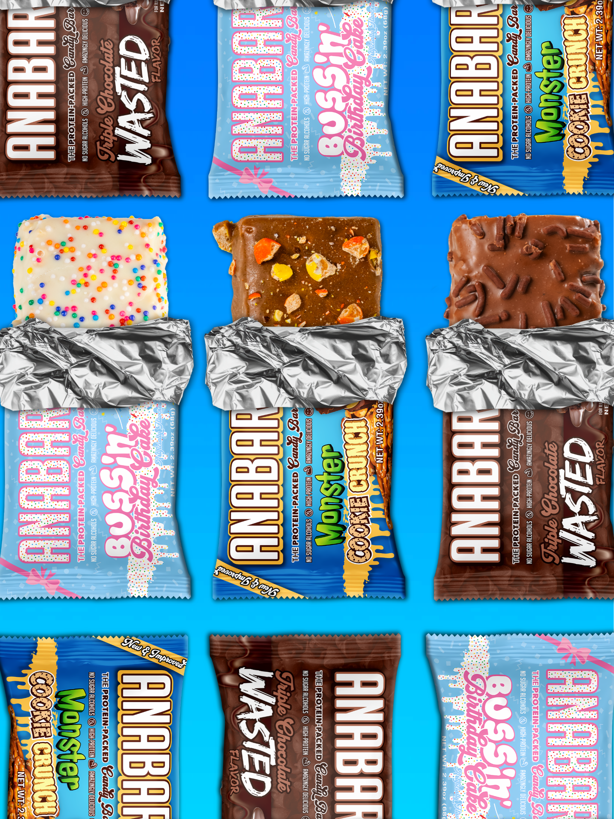 Nine protein bars in colorful wrappers, some partially unwrapped to show different flavors and toppings, are arranged on a bright blue background.