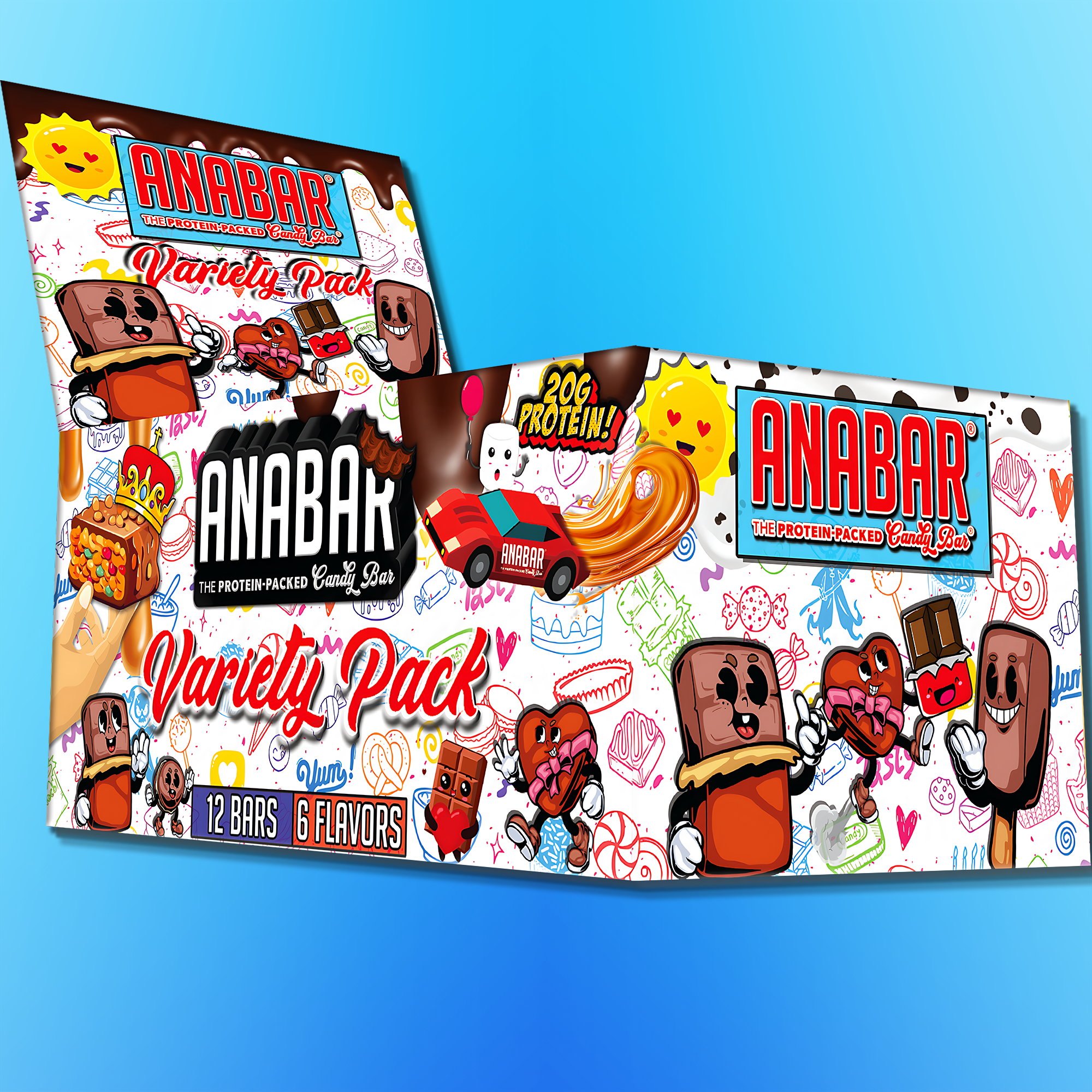 The Anabar Variety Pack - 12 Bars by The Anabar features colorful packaging with cartoon chocolate bar characters, doodles, and text highlighting 