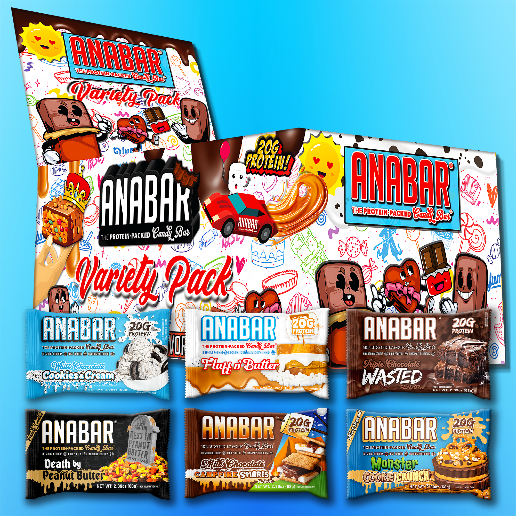 The Anabar Variety Pack - 12 Bars by The Anabar is displayed against a vibrant blue background, showcasing tempting flavors like Cookies & Cream, Fluffy Nutter, Wasted, Death by Chocolate, Cinnamon Swirl, and Monster Cookie Crunch.