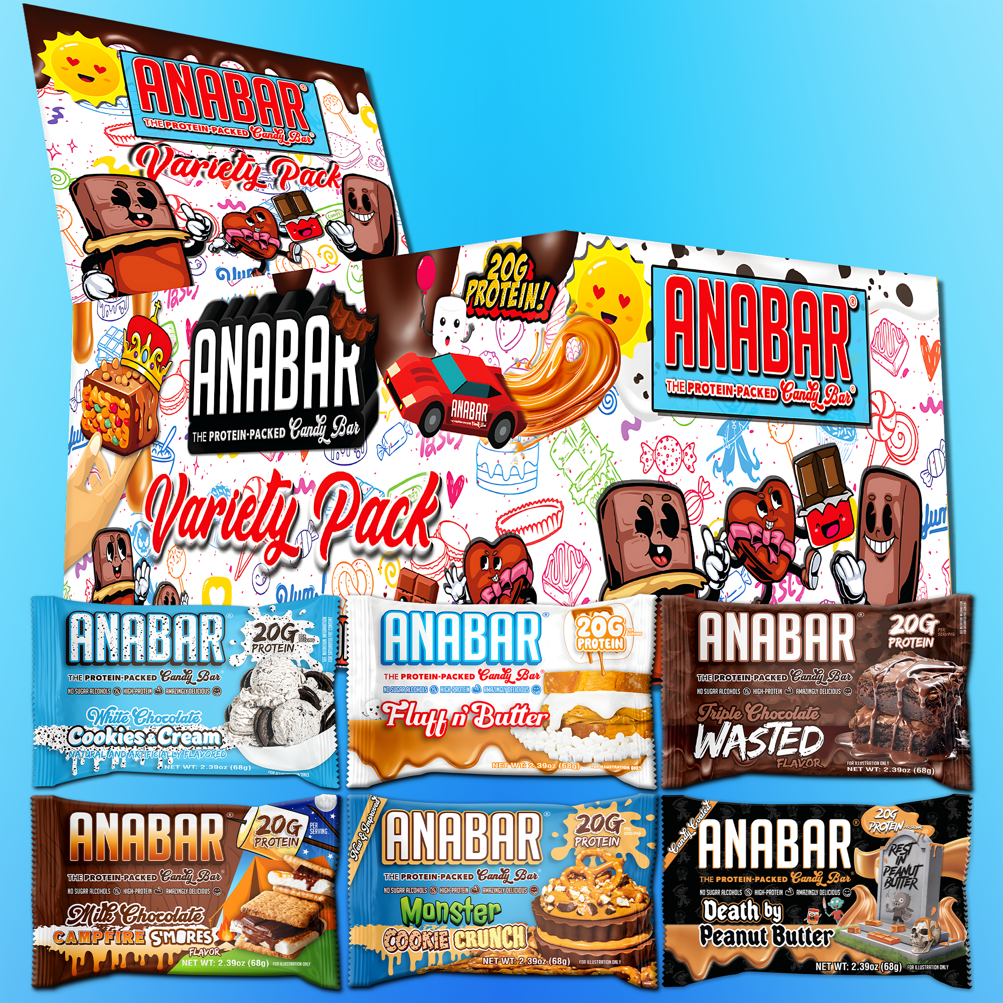 The Anabar Variety Pack - 12 Bars by The Anabar features seven protein bar flavors in playful, cartoon-inspired packaging with vibrant ingredient images set against a bright blue backdrop.