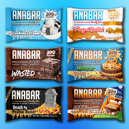 Six Anabar protein bars in tempting flavors, like Cookies & Cream and Triple Chocolate Wasted, displayed on a blue background—perfect for The Anabar Variety Pack - 12 Bars.