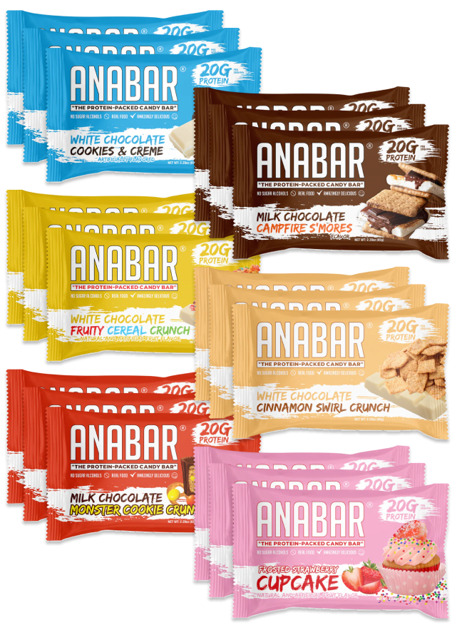 Anabar Sample Box (18 Bars) - Assortment of protein-packed candy bars in various flavors including Cookies & Creme, Fruity Cereal Crunch, Campfire S'mores, Cinnamon Swirl Crunch, Monster Cookie Crunch, and Frosted Strawberry Cupcake.