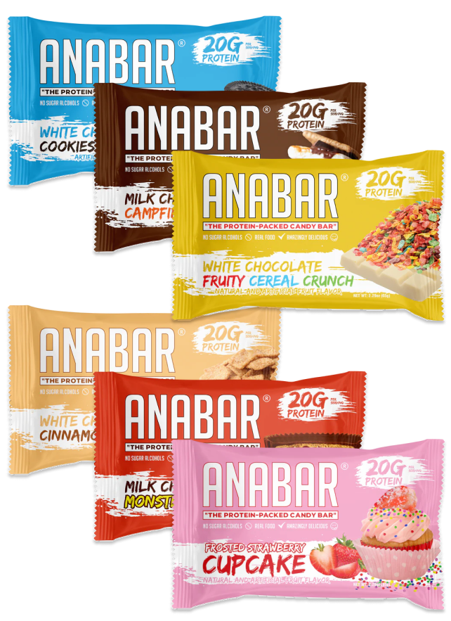 Variety pack of delicious Anabar protein bars in flavors like Cookies & Creme, Fruity Cereal Crunch, and Frosted Strawberry Cupcake.