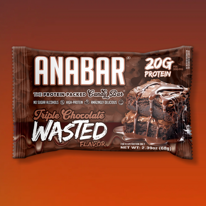 The Anabar's Triple Chocolate Wasted wrapper features a milk chocolate coating, boasts 20g of protein, no sugar alcohols, and promises delicious taste. It shows chocolate pieces stacked with sauce and chocolate chips in the background.