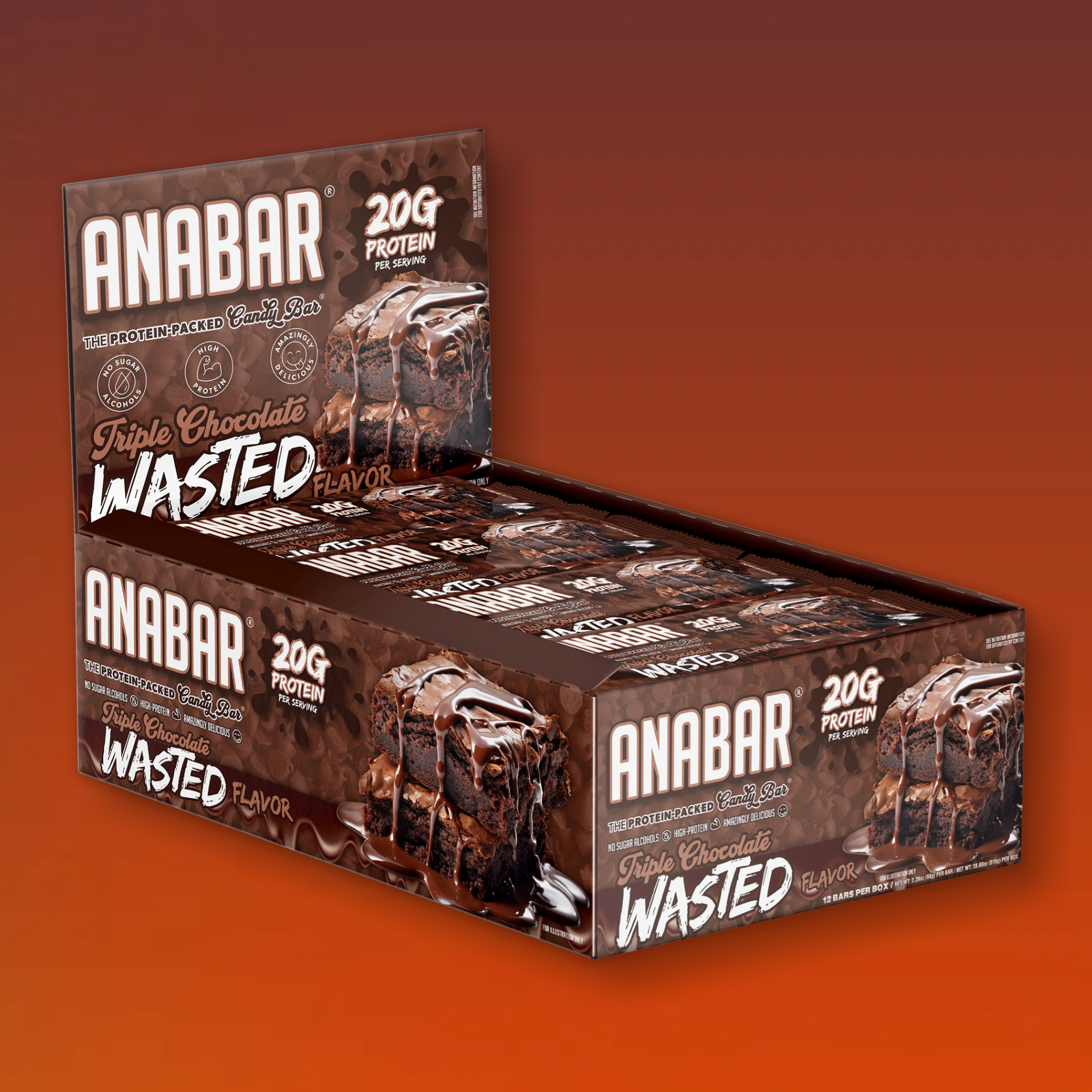 Box of "Triple Chocolate Wasted" protein bars by The Anabar, featuring a milk chocolate coating and decadent chocolate chips, with each bar containing 20g of protein. Background colors transition from dark orange to brown.