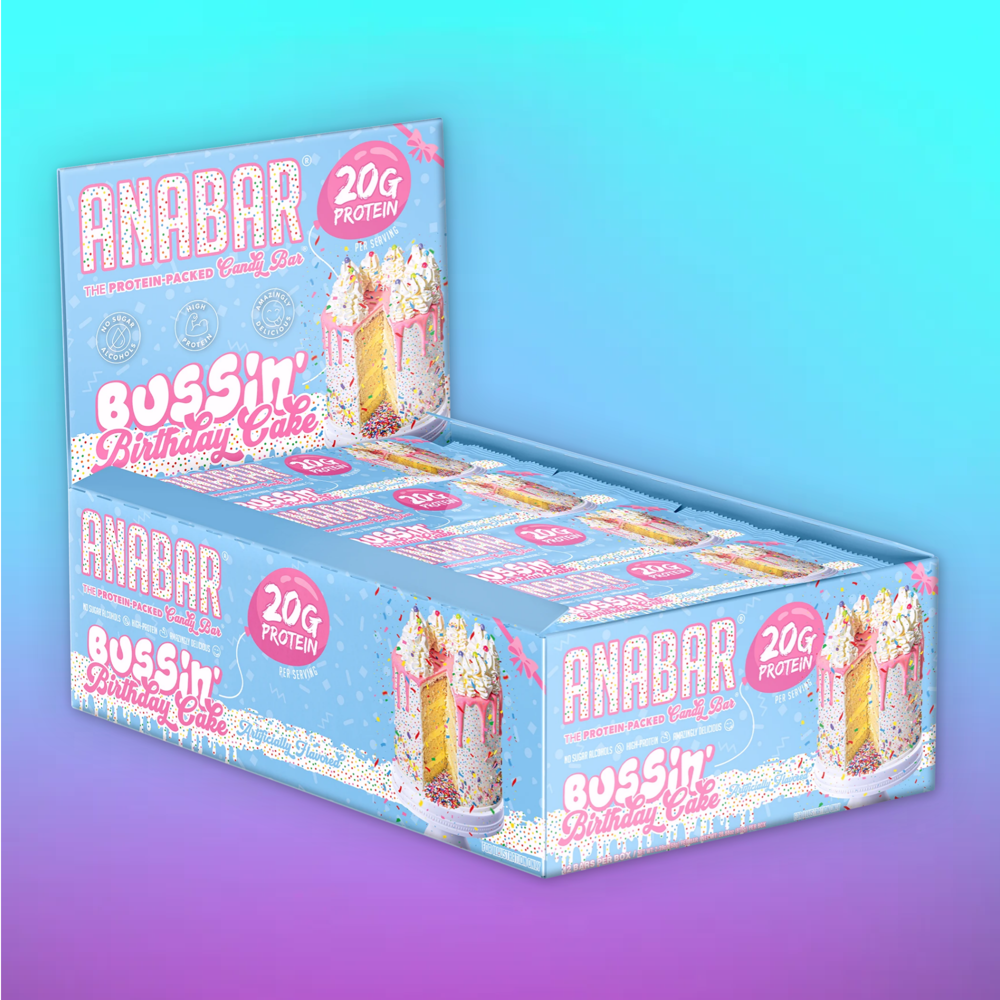 A colorful open box on a gradient background displays "The Anabar" Bussin' Birthday Cake protein bars, each packed with 20g of protein and showcasing enticing images of frosted cake slices adorned with vibrant sprinkles.