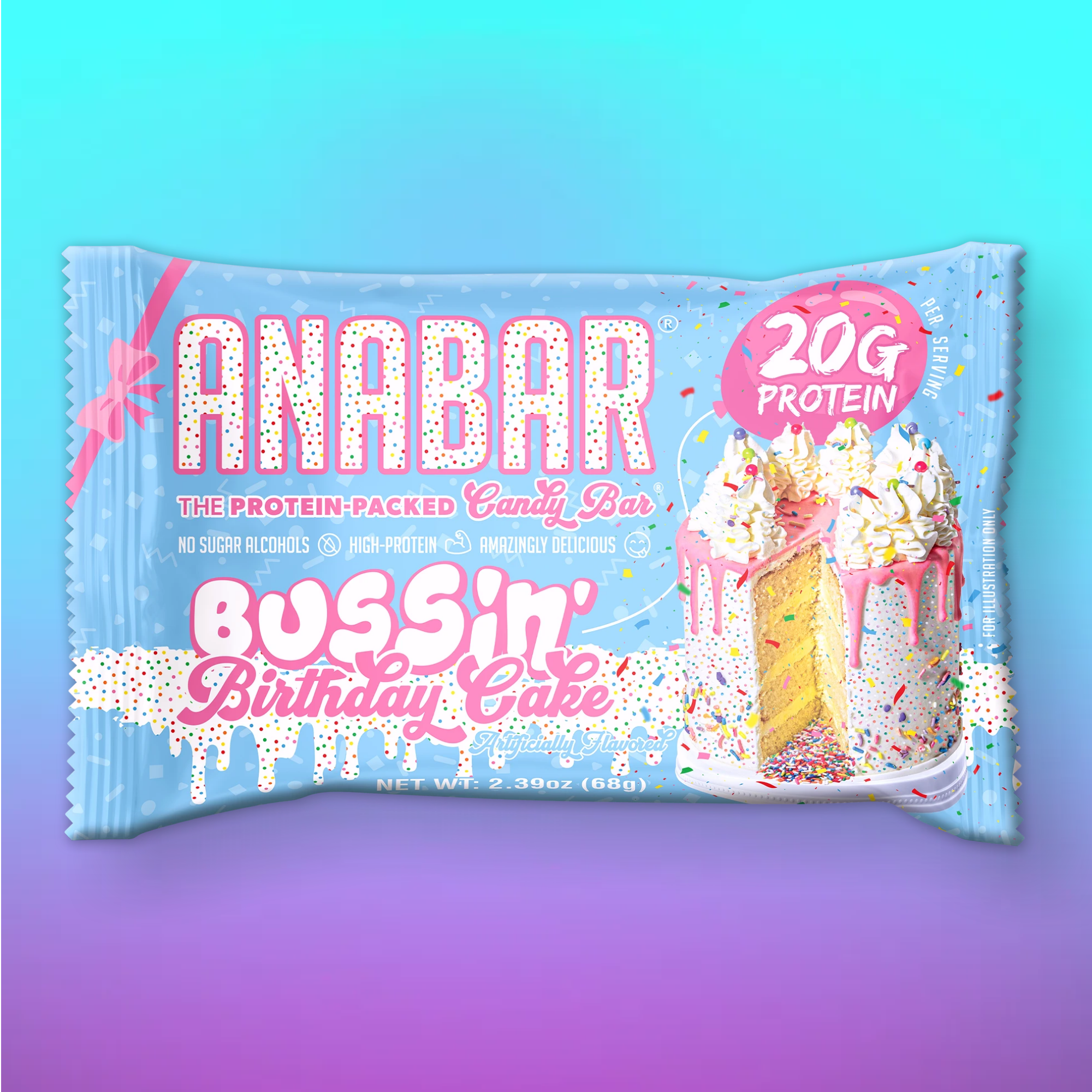 An image shows a candy bar wrapper with "The Anabar" in bold pink letters and the flavor "Bussin' Birthday Cake," featuring a slice of cake with colorful frosting and sprinkles. The wrapper highlights "20G Protein" and promises "No Sugar Alcohols.