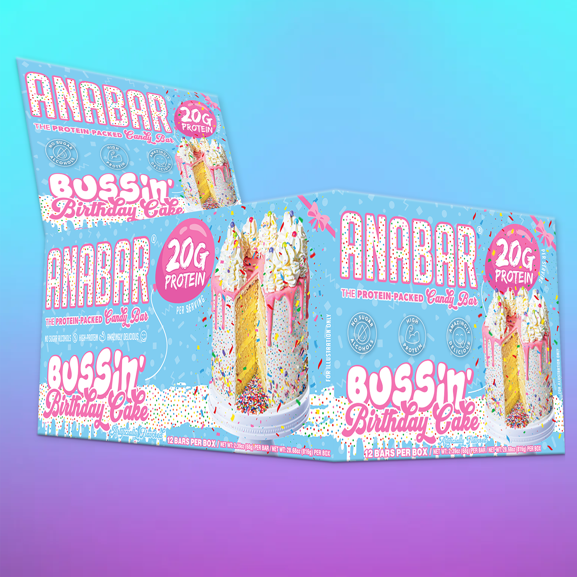 The box design for The Anabar's "Bussin' Birthday Cake" protein bar features "20G Protein" and a festive look with a cake slice topped with colorful sprinkles against a blue background filled with lively confetti, capturing the essence of celebration.