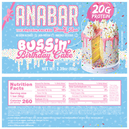 The Anabar's Bussin' Birthday Cake candy bar features a vibrant wrapper with a birthday cake, rainbow sprinkles, and pink frosting. It emphasizes "20g Protein" and "No Sugar Alcohols," with nutrition facts and ingredient details on the bottom half.