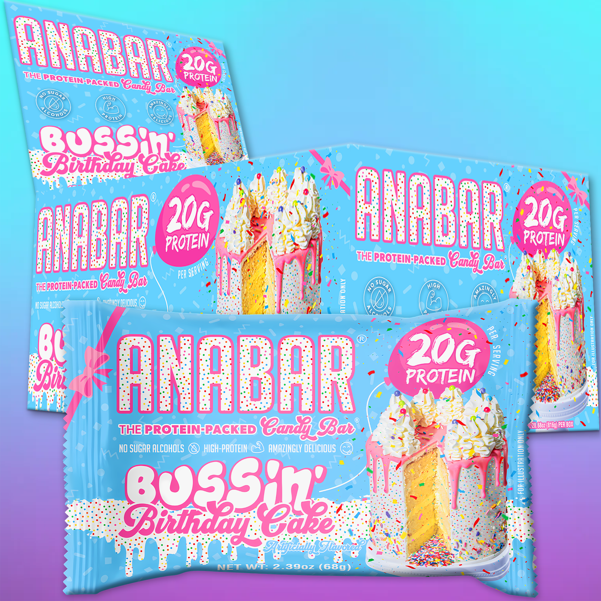 The Anabar's Bussin' Birthday Cake candy bar is shown with vibrant packaging featuring a cartoon cake and sprinkles against a gradient blue-purple backdrop. Emphasizing "20g protein," it's ideal for birthday cake bar enthusiasts.