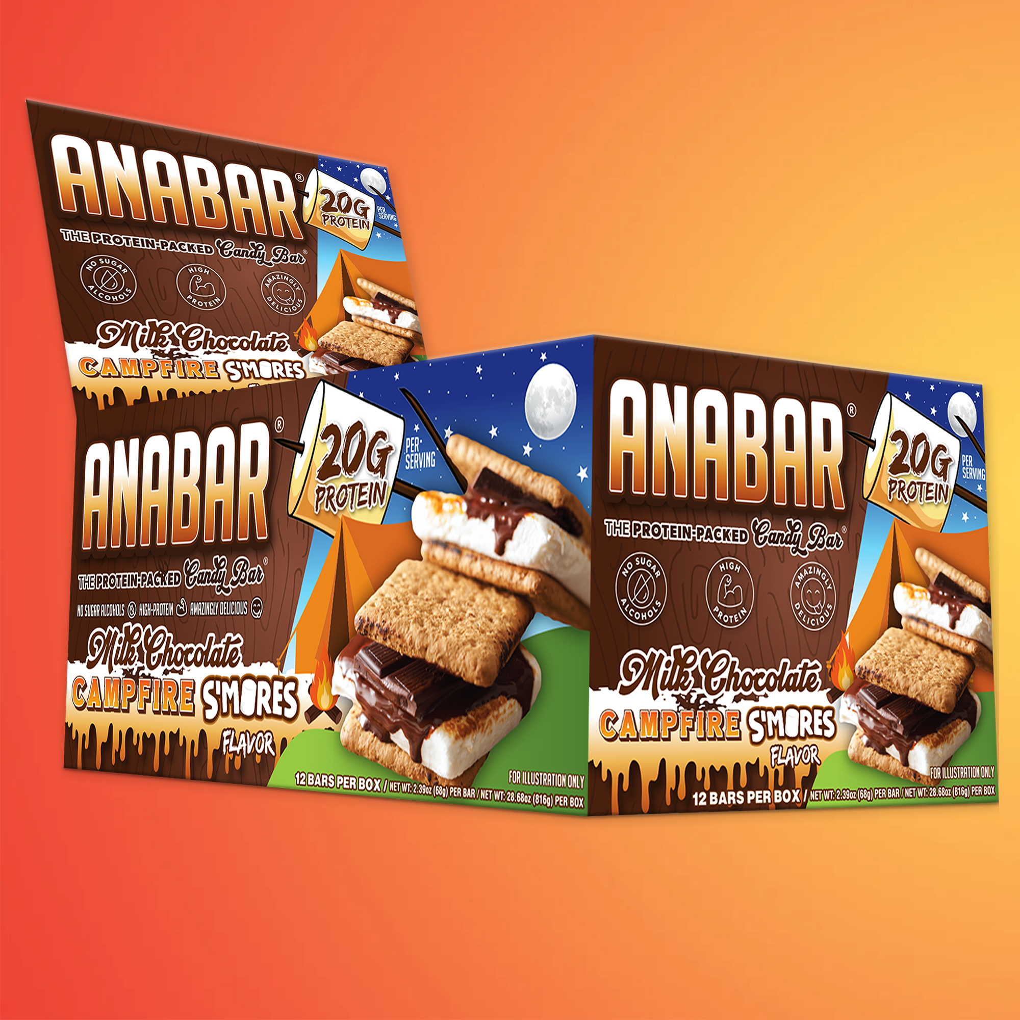 The Anabar's Campfire S'mores protein bars are displayed against an orange gradient, highlighting "20g protein" and featuring tempting s'mores with chocolate and marshmallows.