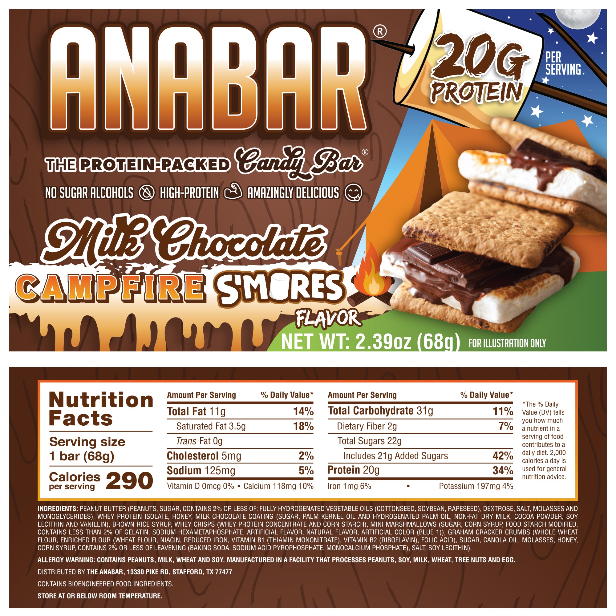 The Anabar's Campfire S'mores protein bar offers a tasty flavor mix with 20g of high-quality protein, zero sugar alcohols, and 290 calories per bar. The packaging highlights nutritional facts and enticing images of chocolate and marshmallow.