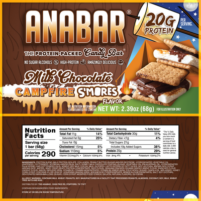 Front and back packaging of The Anabar Campfire S’mores protein bar, showing its milk chocolate coating, textured filling, nutrition facts, and key features: 20g protein, no sugar alcohols, and 290 calories per bar.
