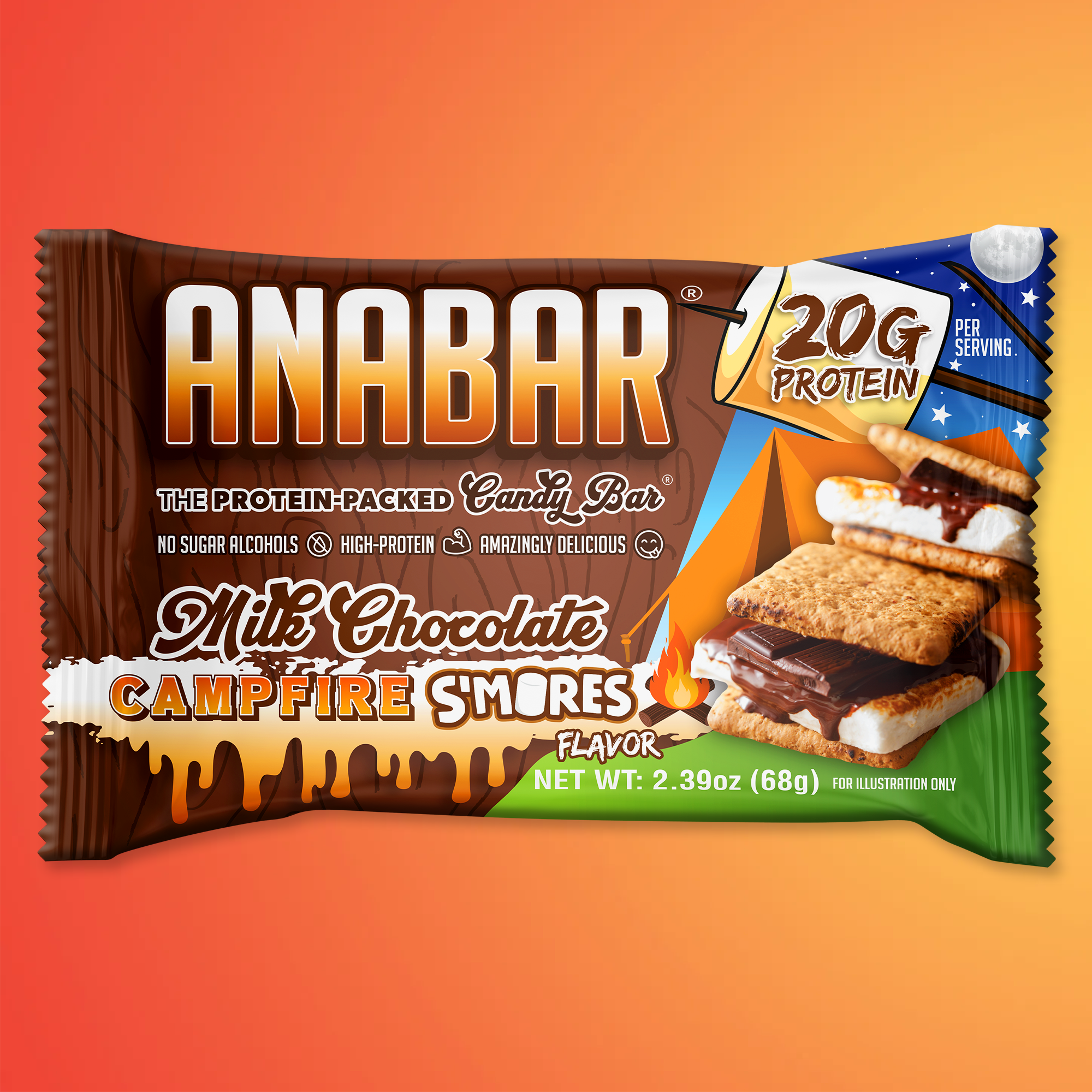 The Anabar's Campfire S'mores protein bar offers 20g of protein with no sugar alcohols, wrapped in an enticing display of milk chocolate, graham crackers, and marshmallow, making it an ideal high-protein snack for on-the-go moments.