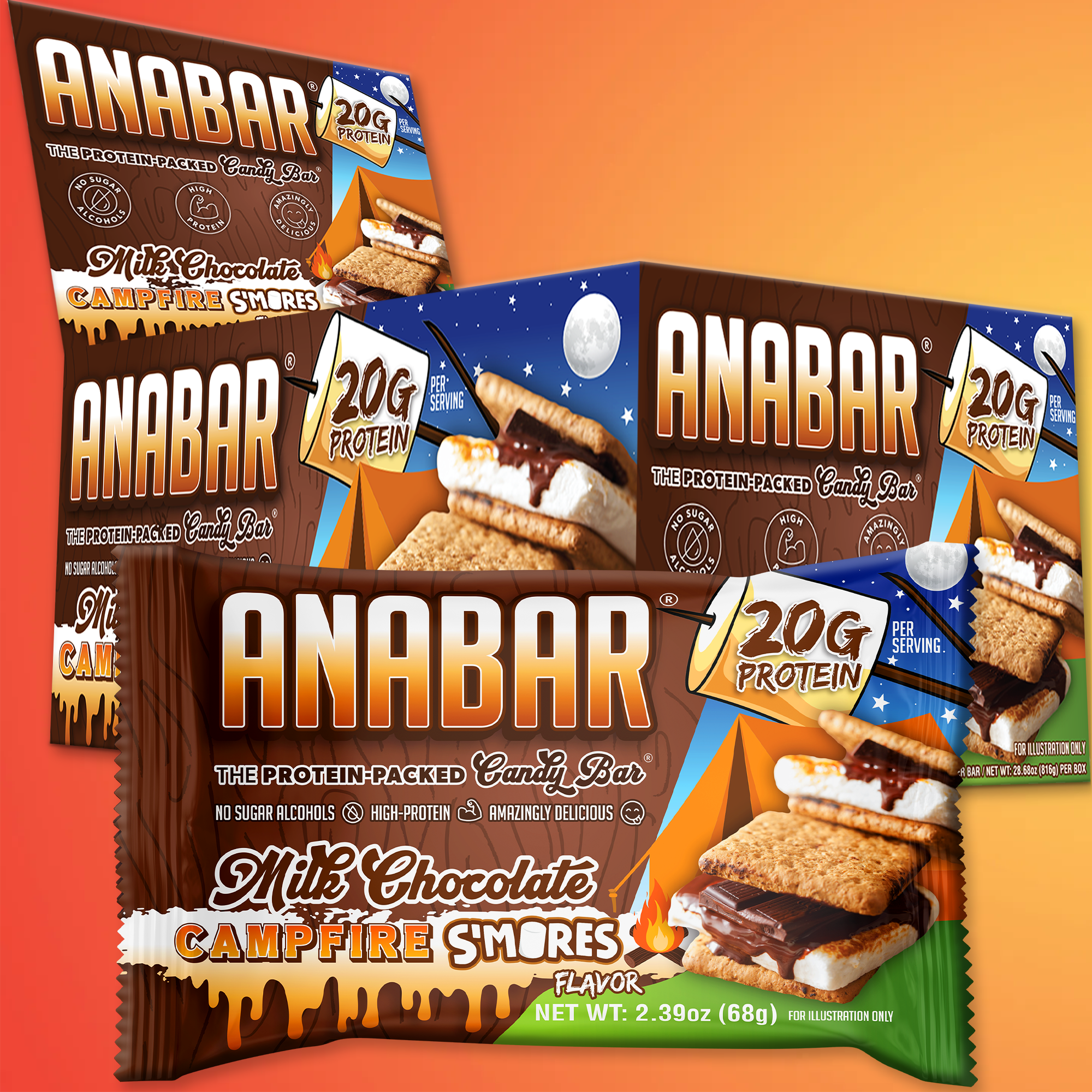 Boxes and bars of The Anabar in Campfire S'mores flavor are displayed. The packaging shows a gooey s'more with melted chocolate and highlights "20G protein" as "the high protein snack" on an orange and brown background.