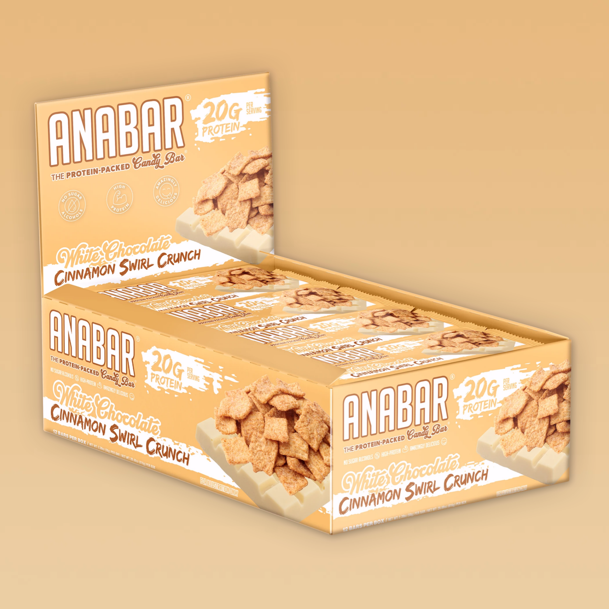 A box of The Anabar "Cinnamon Swirl Crunch" protein bars is open, displaying individually wrapped snacks. The packaging highlights 20g protein per bar and features images of cinnamon cereal pieces and white chocolate.