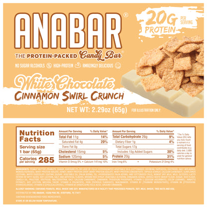 Introducing The Anabar's Cinnamon Swirl Crunch protein bar: a tasty white chocolate-coated delight with cinnamon cereal twist. Each 65g bar provides 20g of protein, 285 calories, 11g fat, and 26g carbs, all without sugar alcohols—a perfect high-protein snack!.