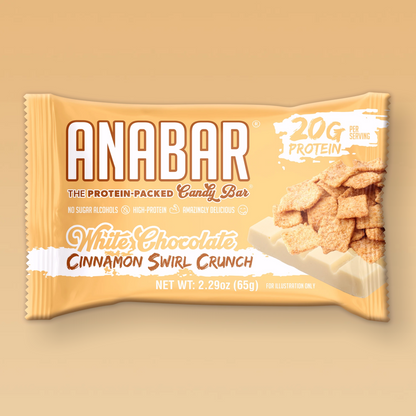 The Anabar's Cinnamon Swirl Crunch protein bar comes in a beige and orange pack, featuring a white chocolate coating. It delivers 20g of protein per 2.29 oz (65g) serving, has no sugar alcohols, and is naturally delicious for a high-protein treat.