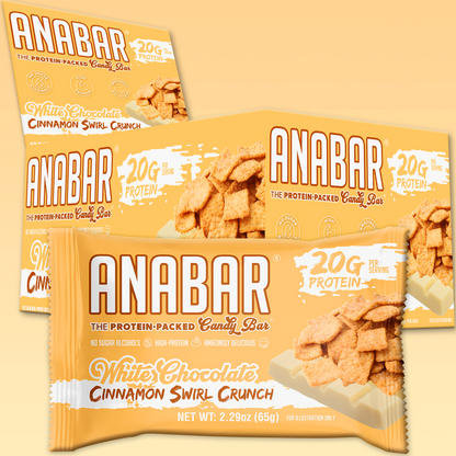 The Anabar's packaging for Cinnamon Swirl Crunch protein bars highlights their white chocolate cinnamon cereal flavor with an image of one bar in front and three boxes behind, emphasizing 20g of protein. A light orange gradient adorns the background.